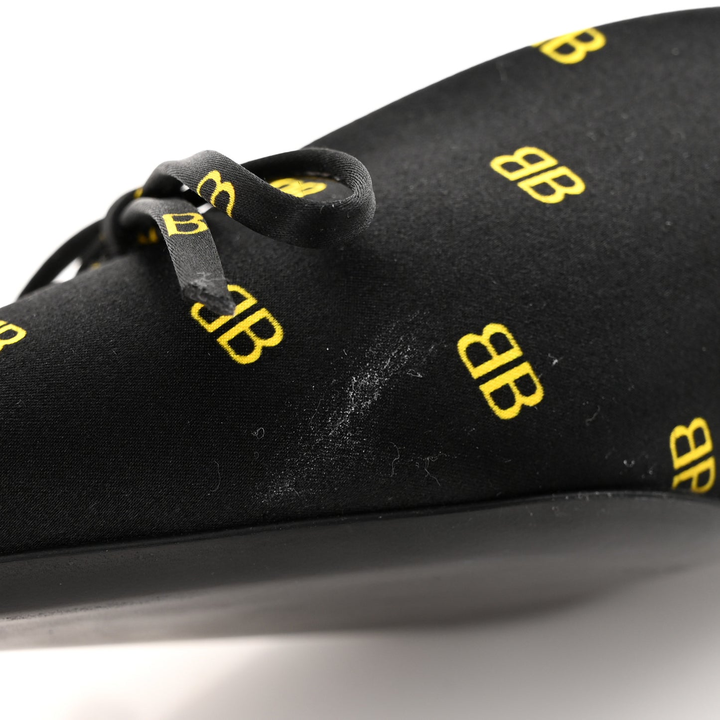 Crepe Satin BB Printed Pointy Toe Knife Flat 40mm Mules 36 Black Yellow Fluo