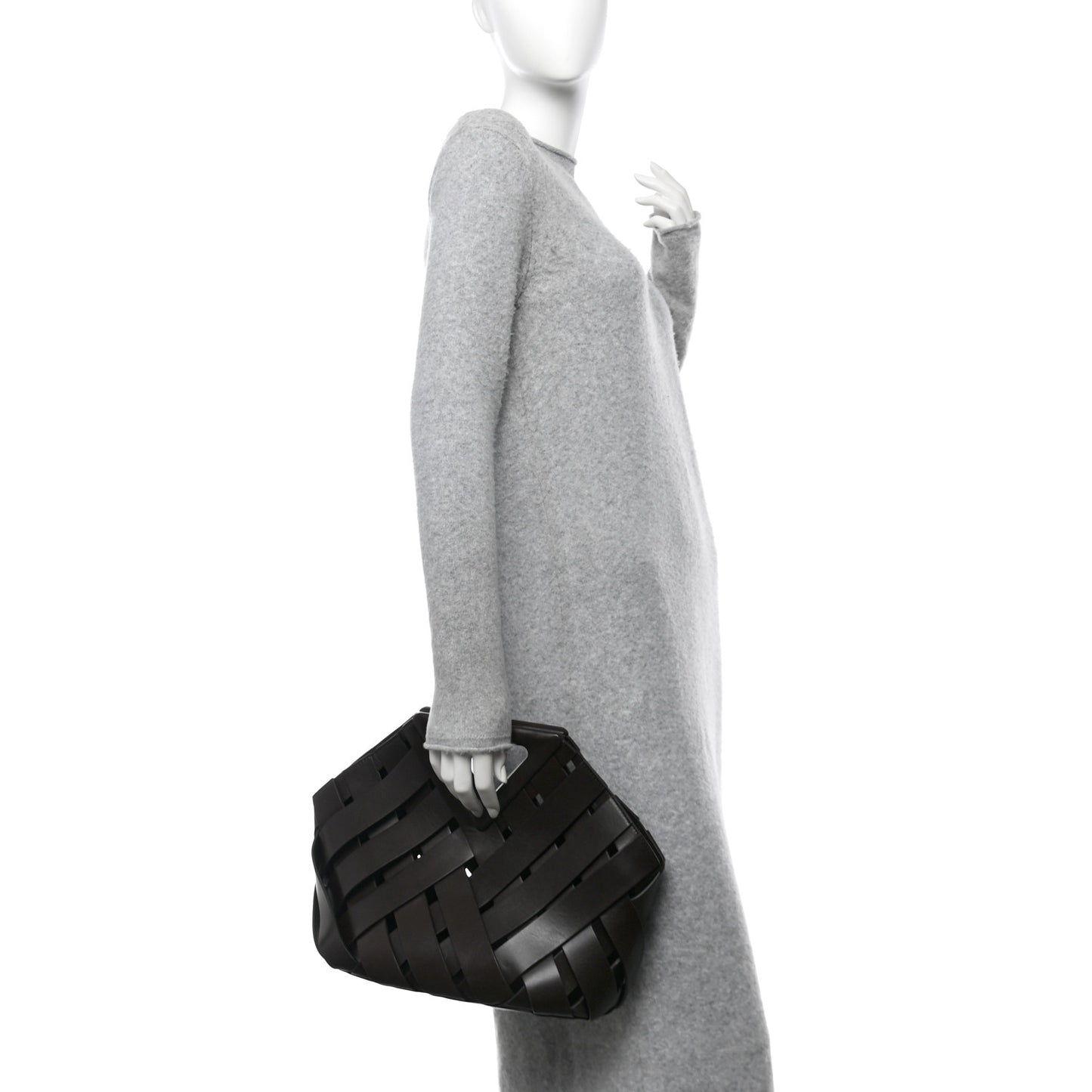 Calfskin V Woven Drawstring Tote Dark Brown