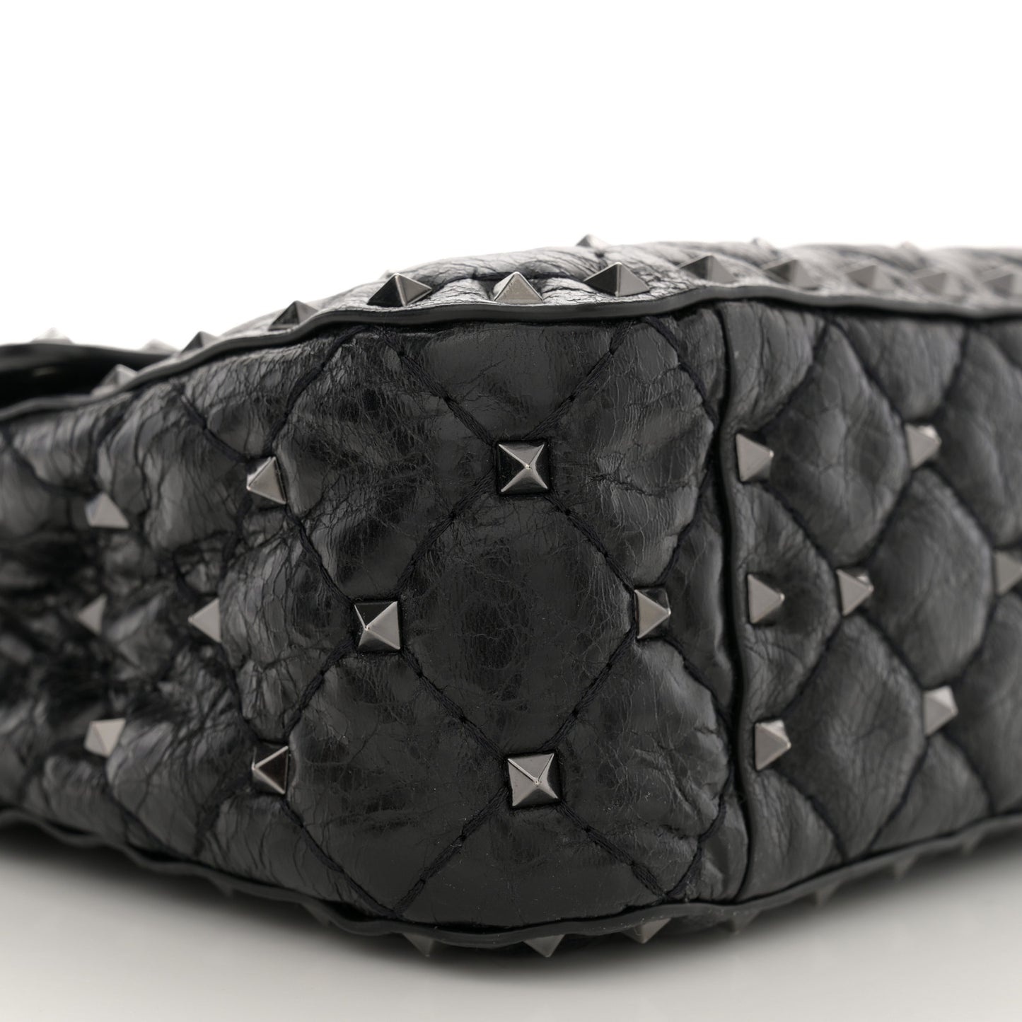 Craquele Nappa Medium Rockstud Spike Shoulder Bag Black