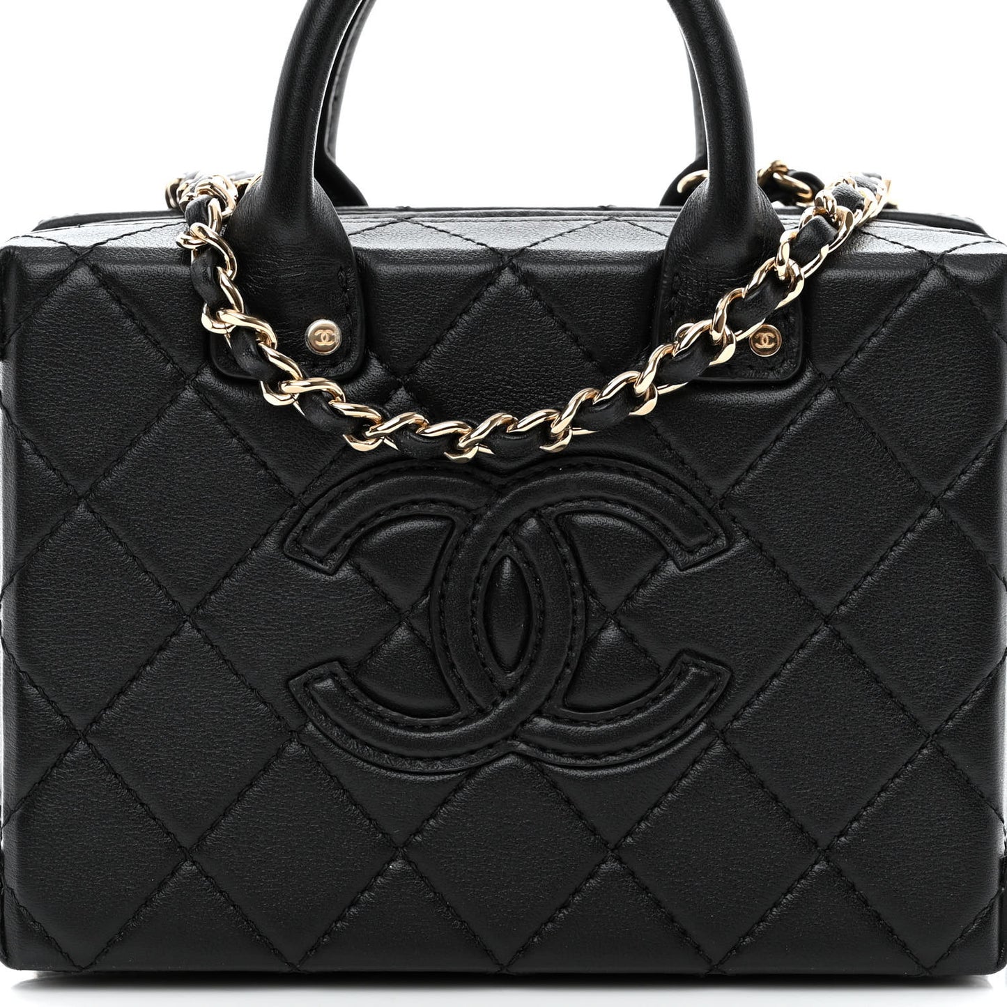 Calfskin Quilted Small Studded Square Vanity Case Black