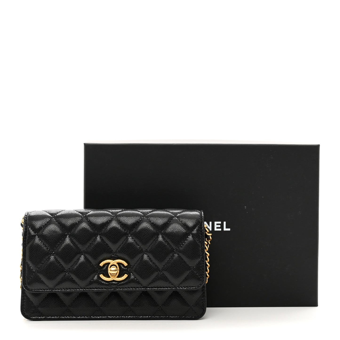 Caviar Quilted Chain Link Clutch With Chain Black