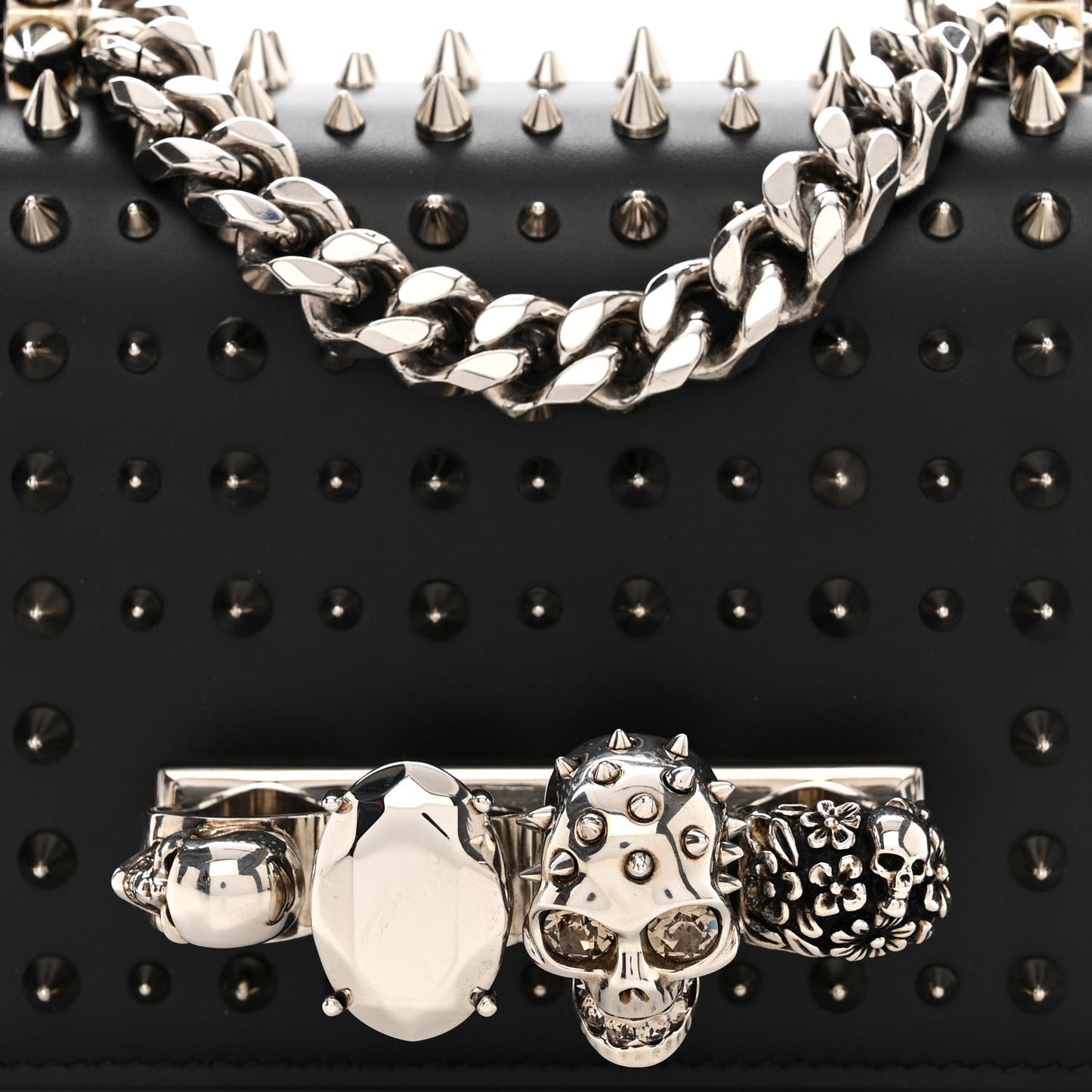 Calfskin Studded Knuckle Satchel Black Silver