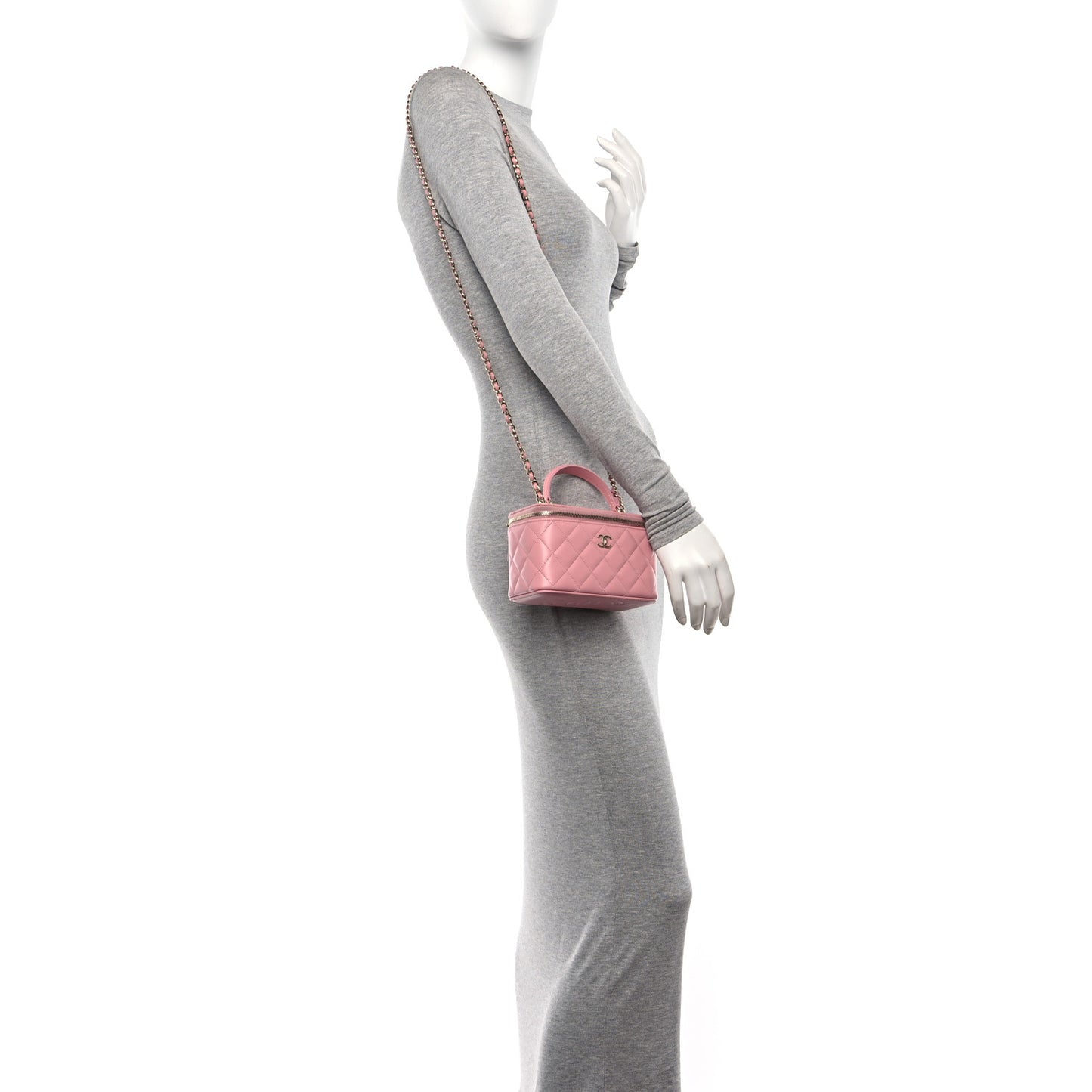 Lambskin Quilted Small Top Handle Vanity Case With Chain Light Pink Light Pink