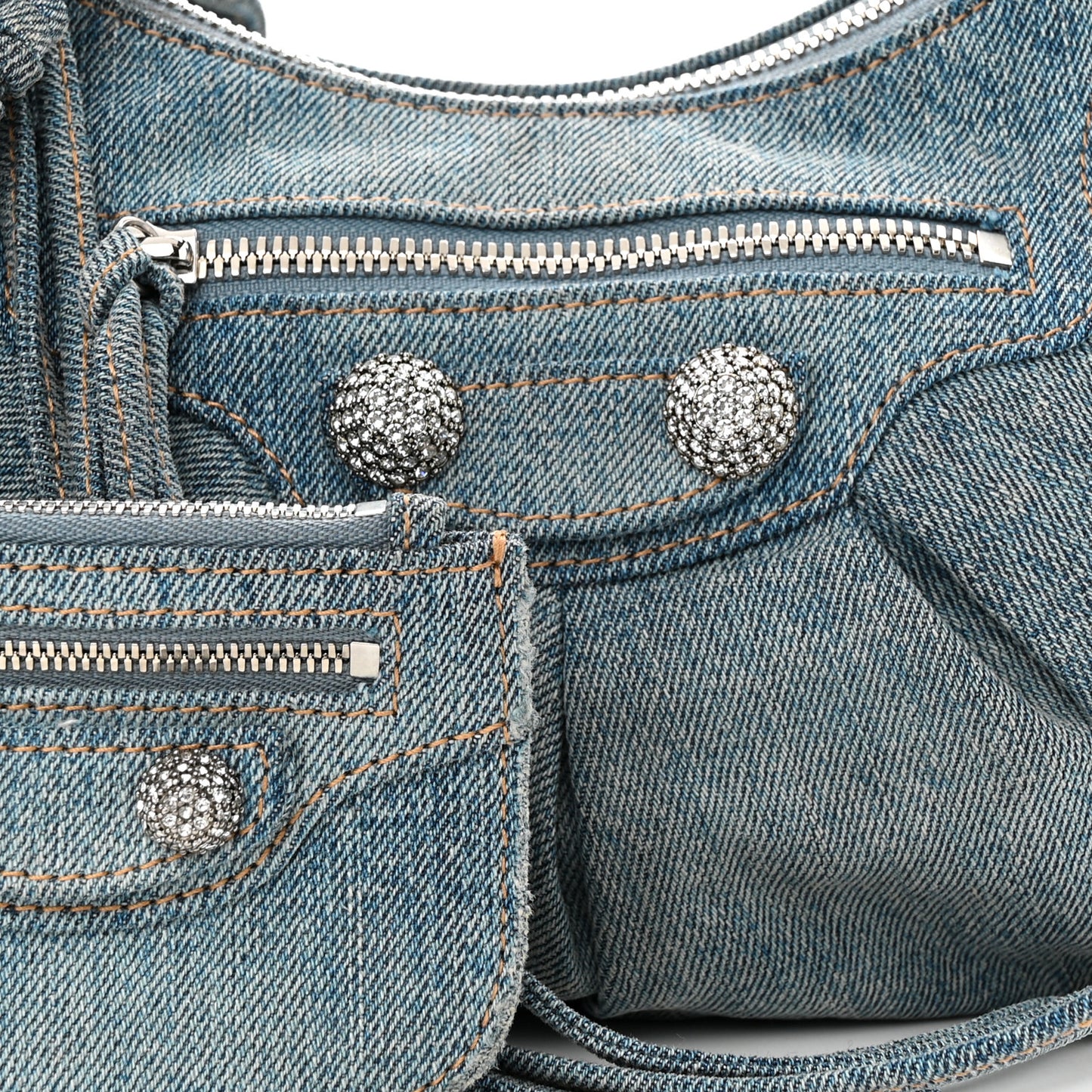 Washed Frayed Denim Crystal Small Le Cagole Shoulder Bag Blue