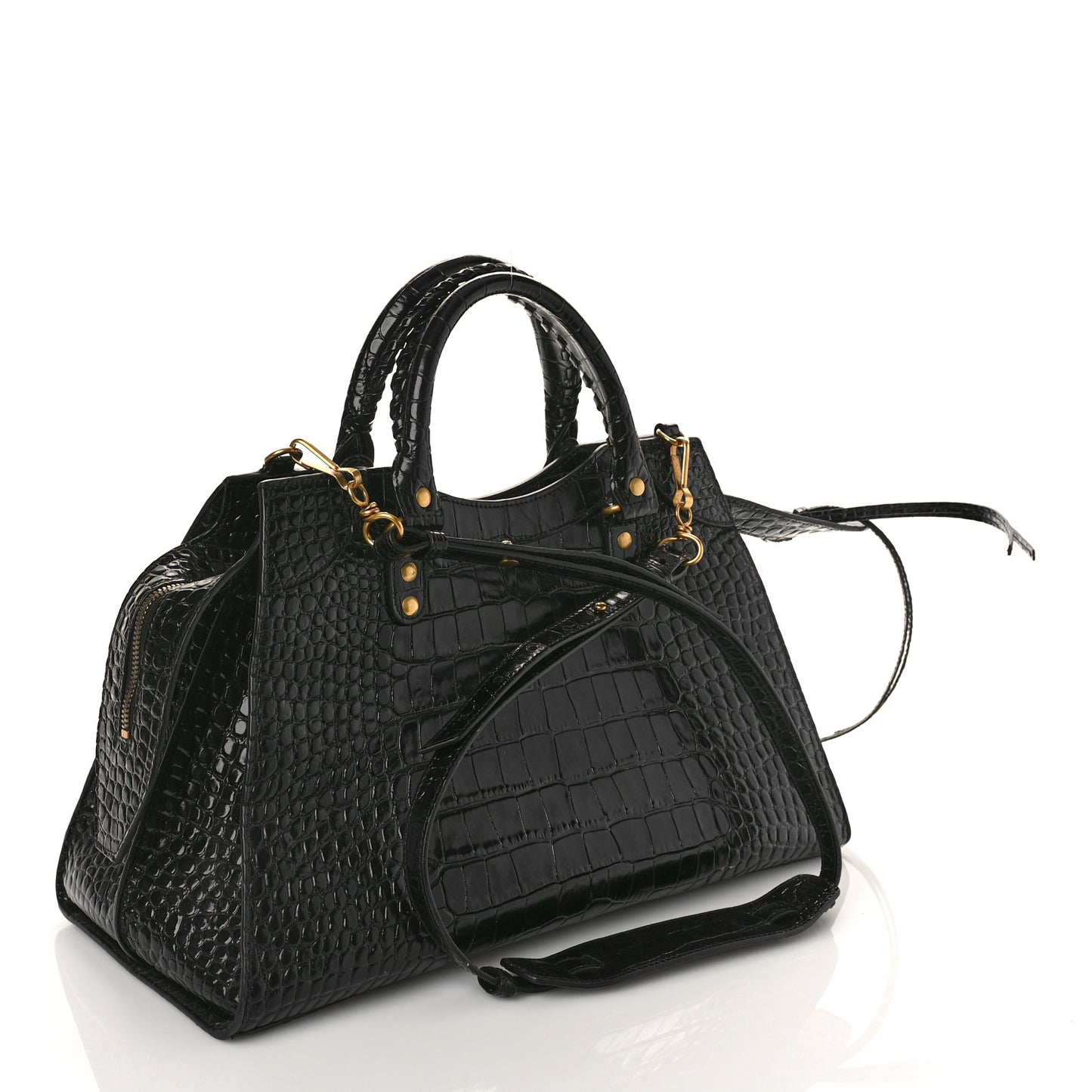 Shiny Supple Calfskin Crocodile Embossed Brass Hardware Neo Classic City Black