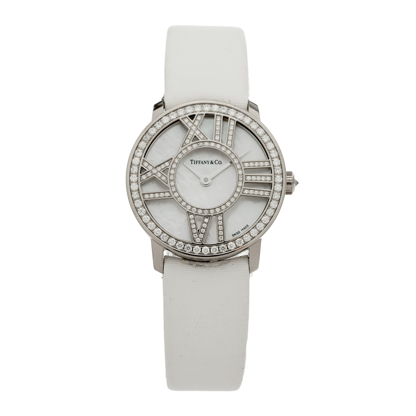 18K White Gold Satin Diamond Mother of Pearl 26mm Atlas Round Cocktail Quartz Watch