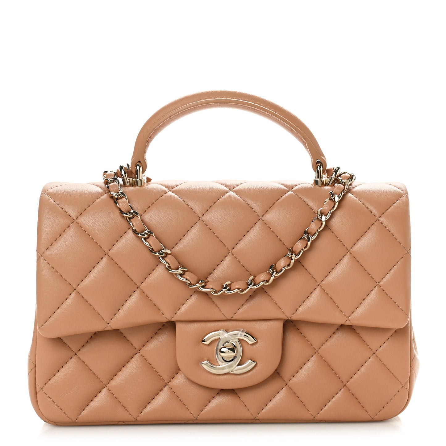 Lambskin Quilted Mini Top Handle Rectangular Flap Beige