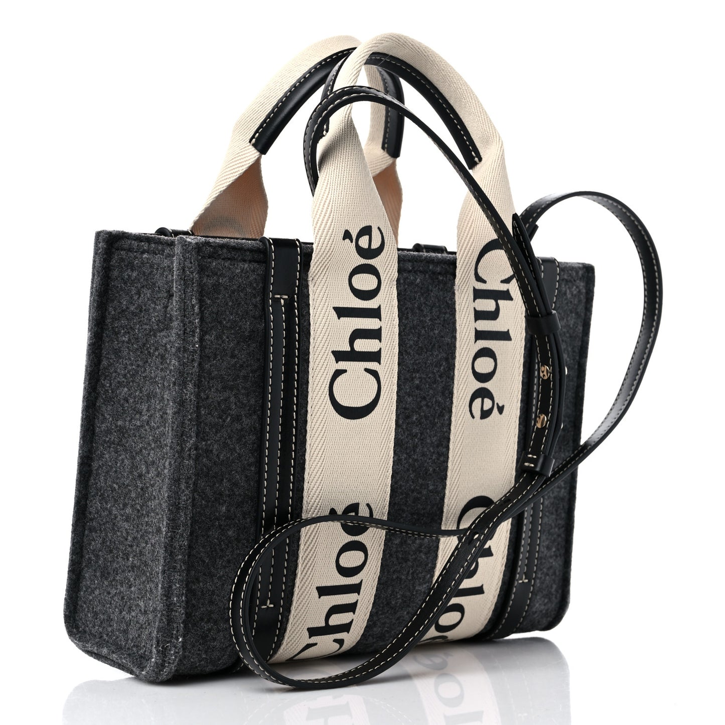 Felt Calfskin Small Woody Ribbon Tote With Strap Cashmere Grey