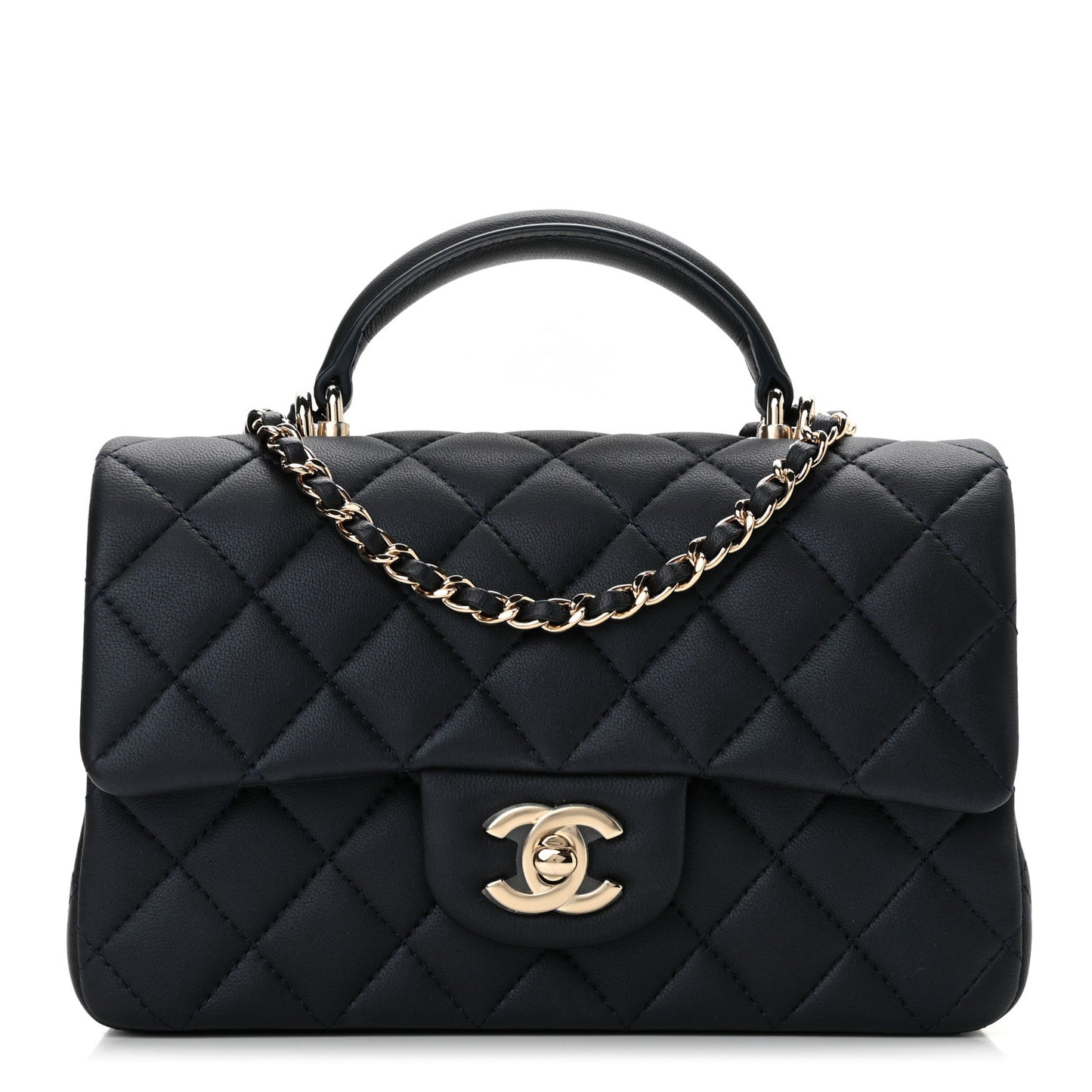 Lambskin Quilted Mini Top Handle Rectangular Flap Navy Blue