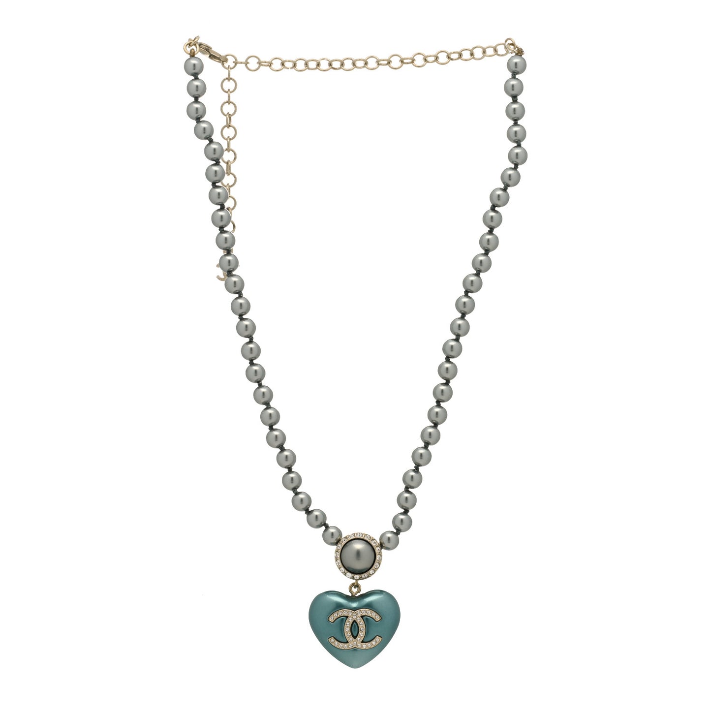 Pearl Crystal CC Heart Short Necklace Silver Blue
