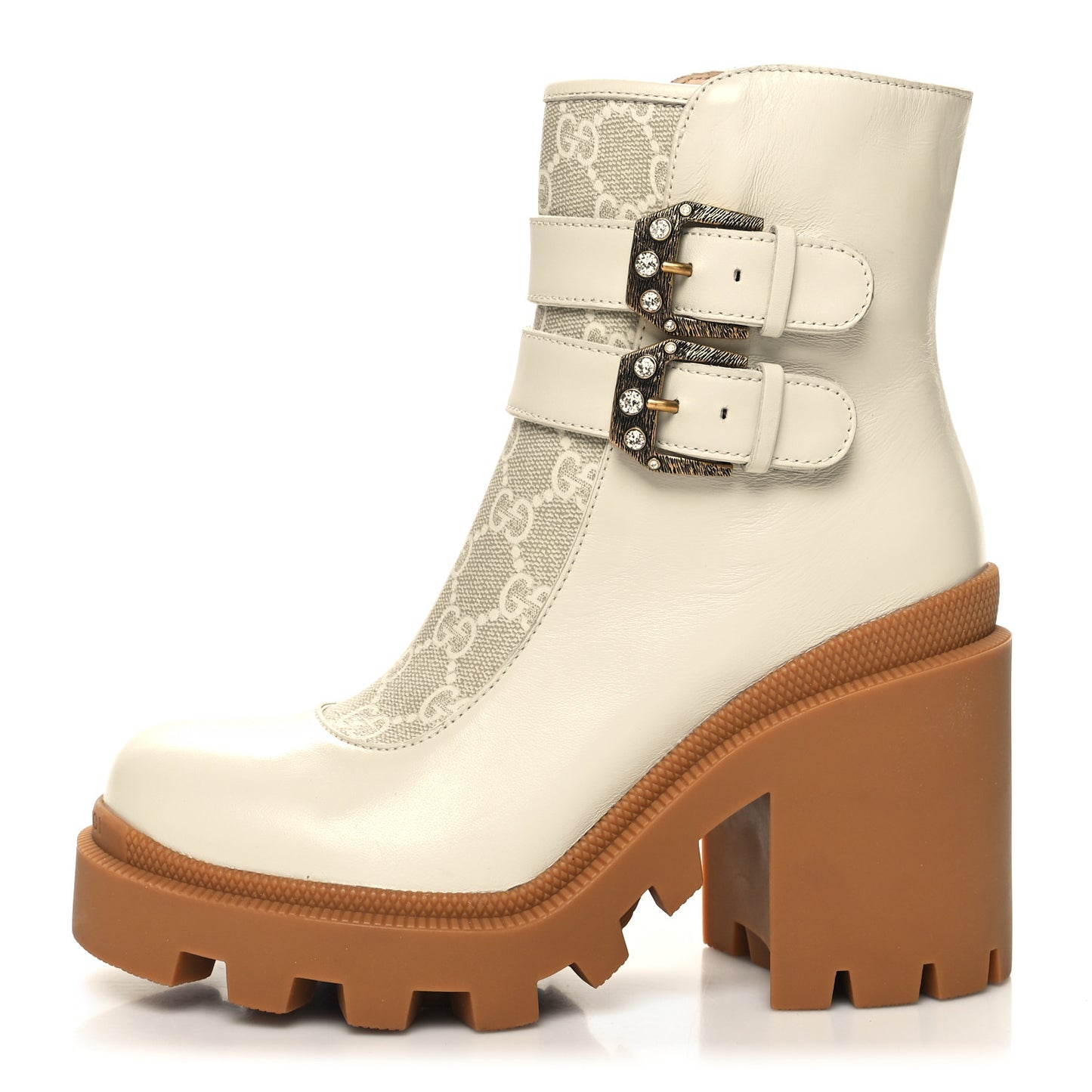 Kensington Calfskin Nappa GG Supreme Monogram Womens Double Buckle Ankle Boots 35.5 Mystic White Beige