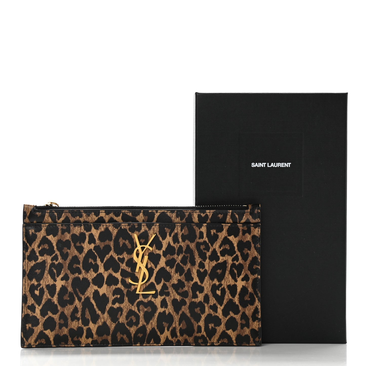 Calfskin Monogram Printed Leopard Zip Bill Pouch Dark Gold Black