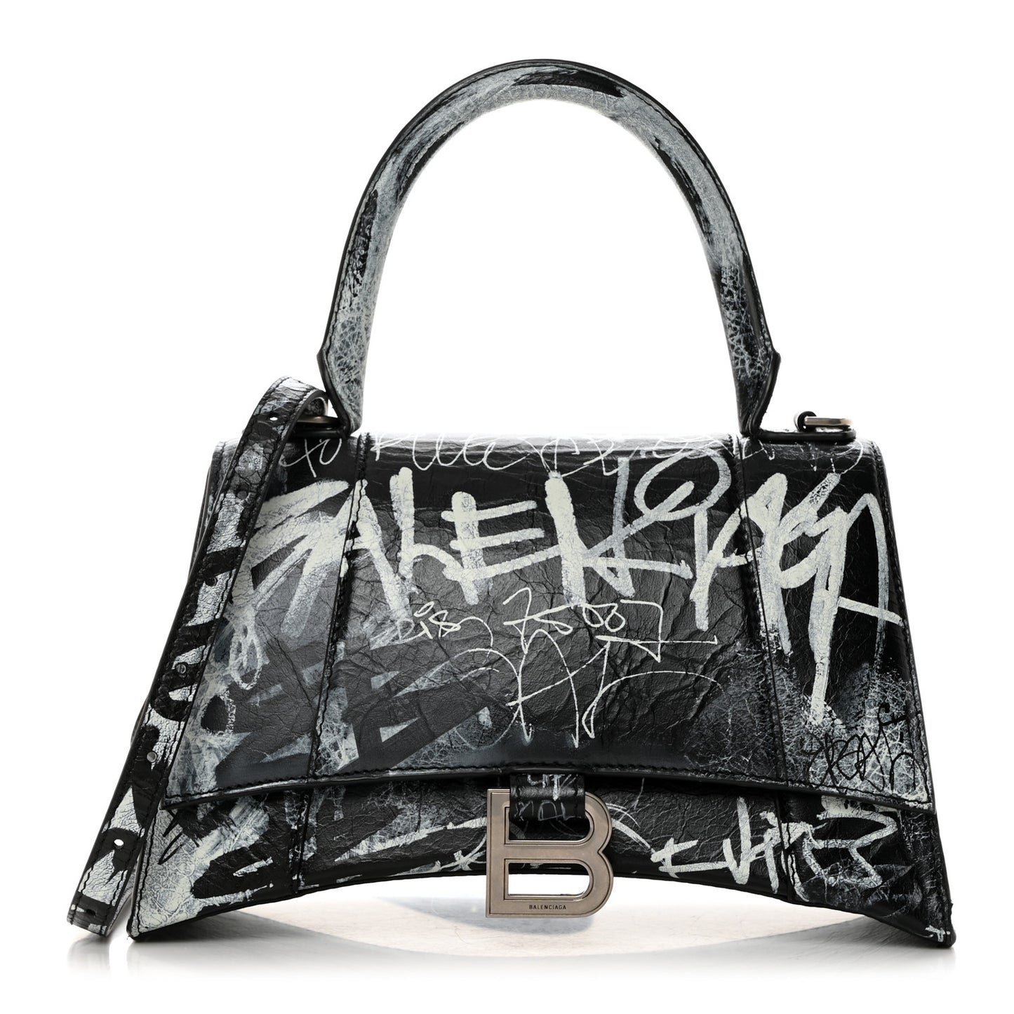 Agneau Graffiti Logo Small Hourglass Top Handle Bag Black