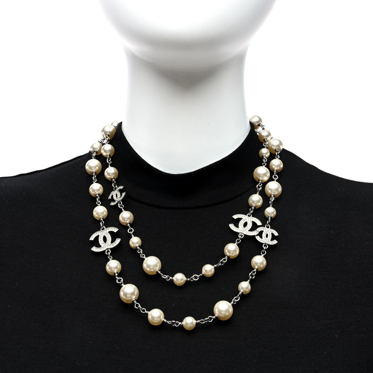 Crystal Pearl CC Long Necklace Silver