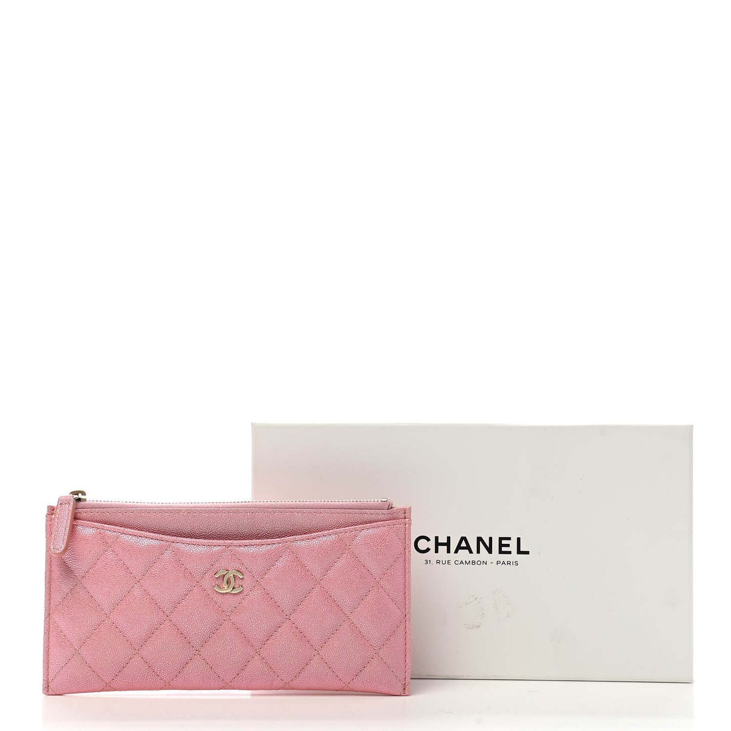 Iridescent Caviar Quilted Classic Zip Pouch Rose Pink