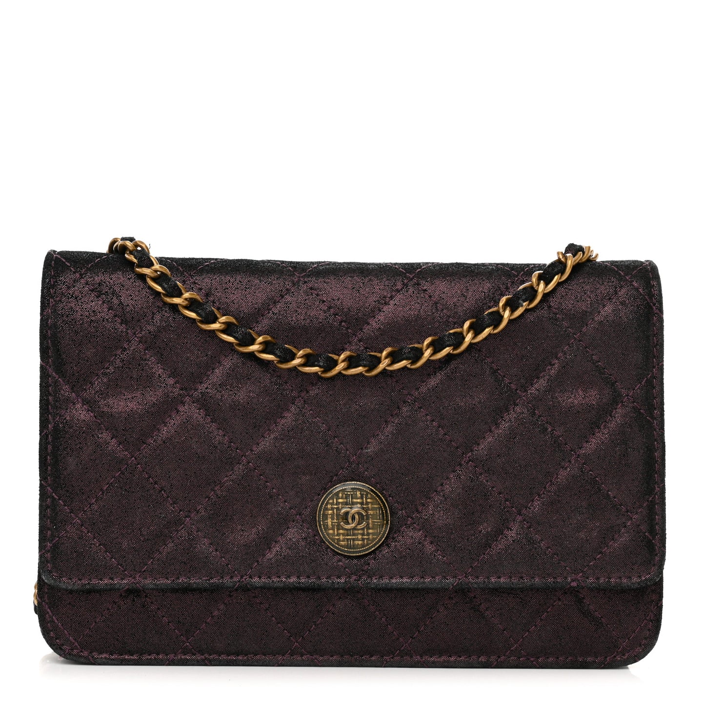 Iridescent Calfskin Quilted Tartan Button Wallet on Chain WOC