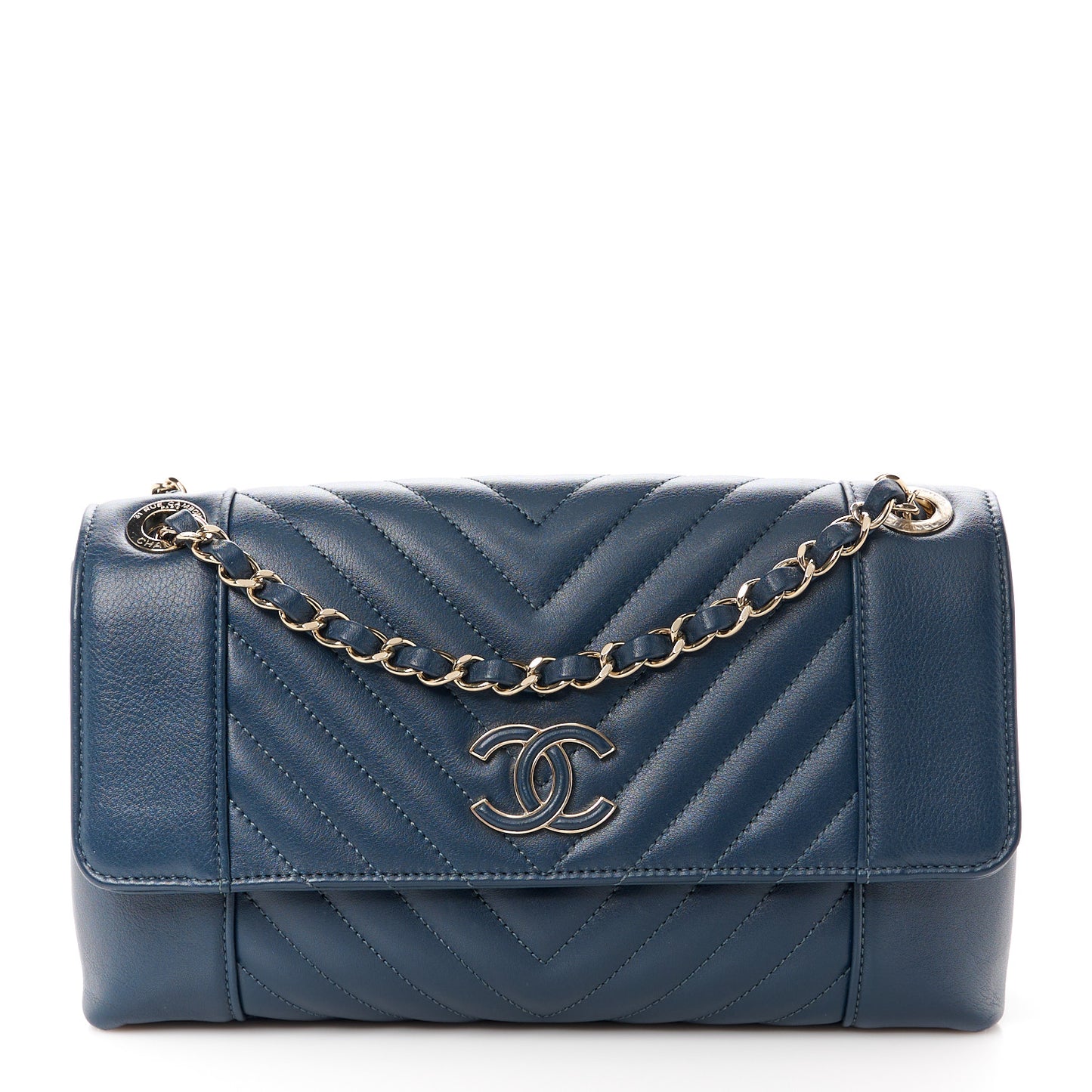 Calfskin Quilted Medium Daily Chevron Flap Navy Blue