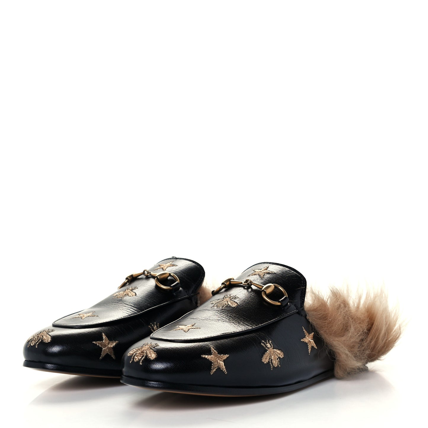 Goatskin Fur Bee Star Embroidered Womens Princetown Slippers 37 Black