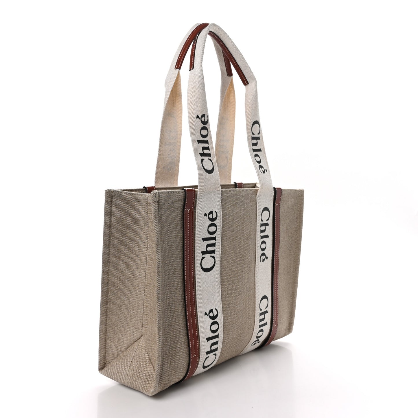 Linen Calfskin Medium Woody Ribbon Tote White Brown