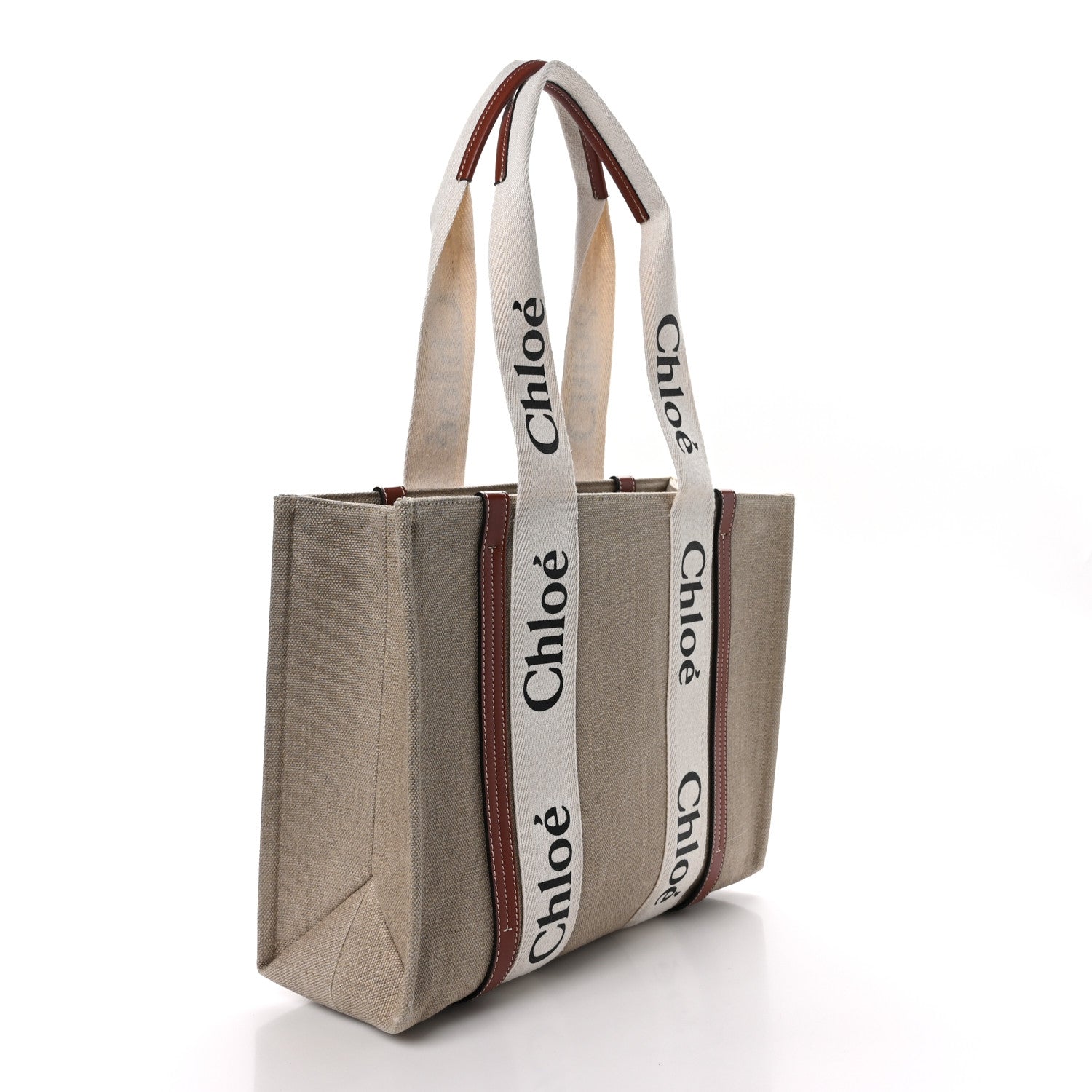 Chloe Linen Calfskin Medium Woody Ribbon Tote White Brown 3 of 8