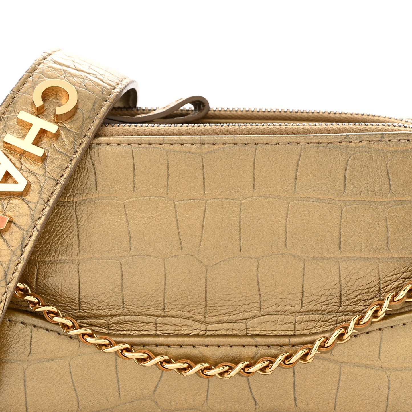 Metallic Calfskin Crocodile Embossed Small Gabrielle Clutch With Chain Gold