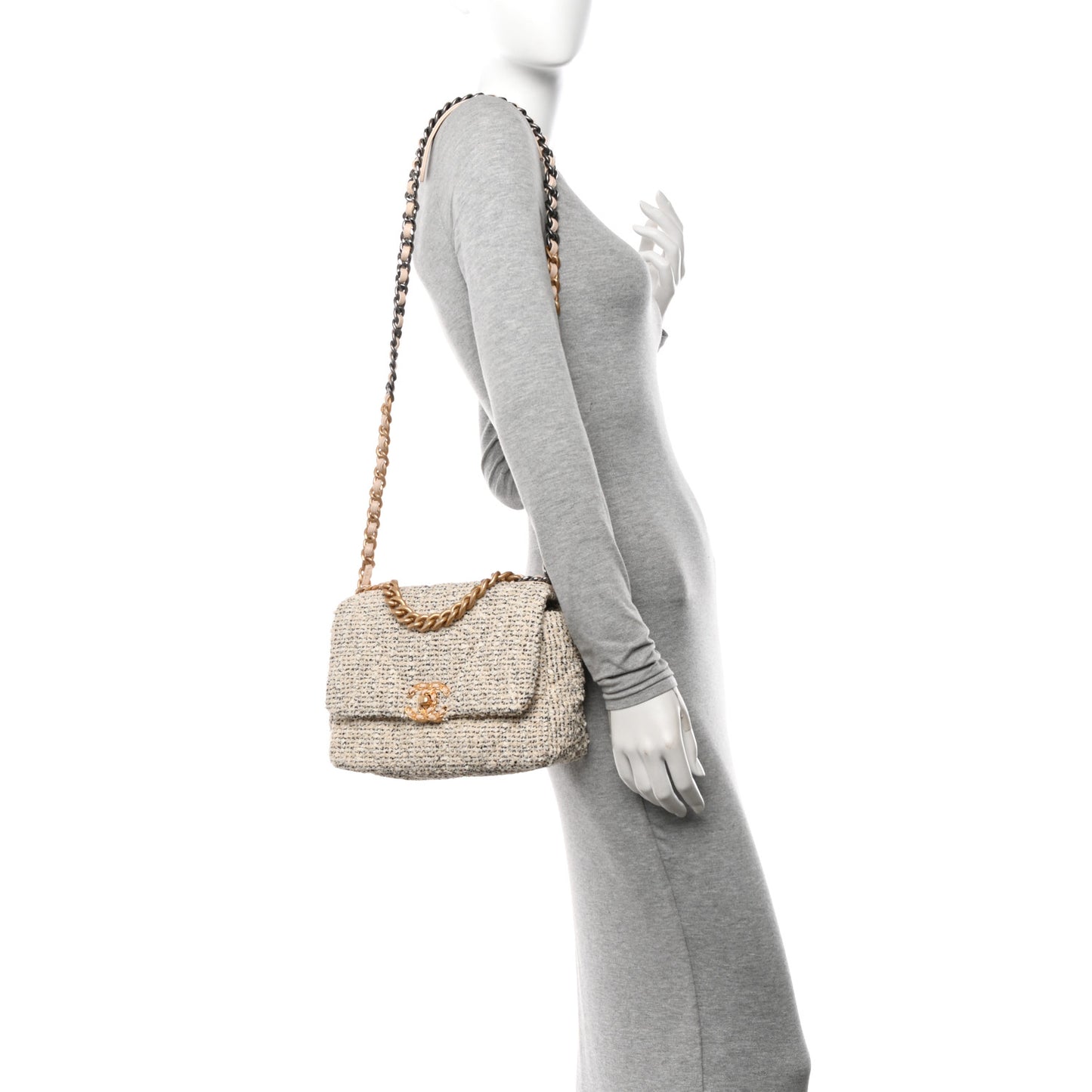 Tweed Quilted Medium Chanel 19 Flap Ecru Black