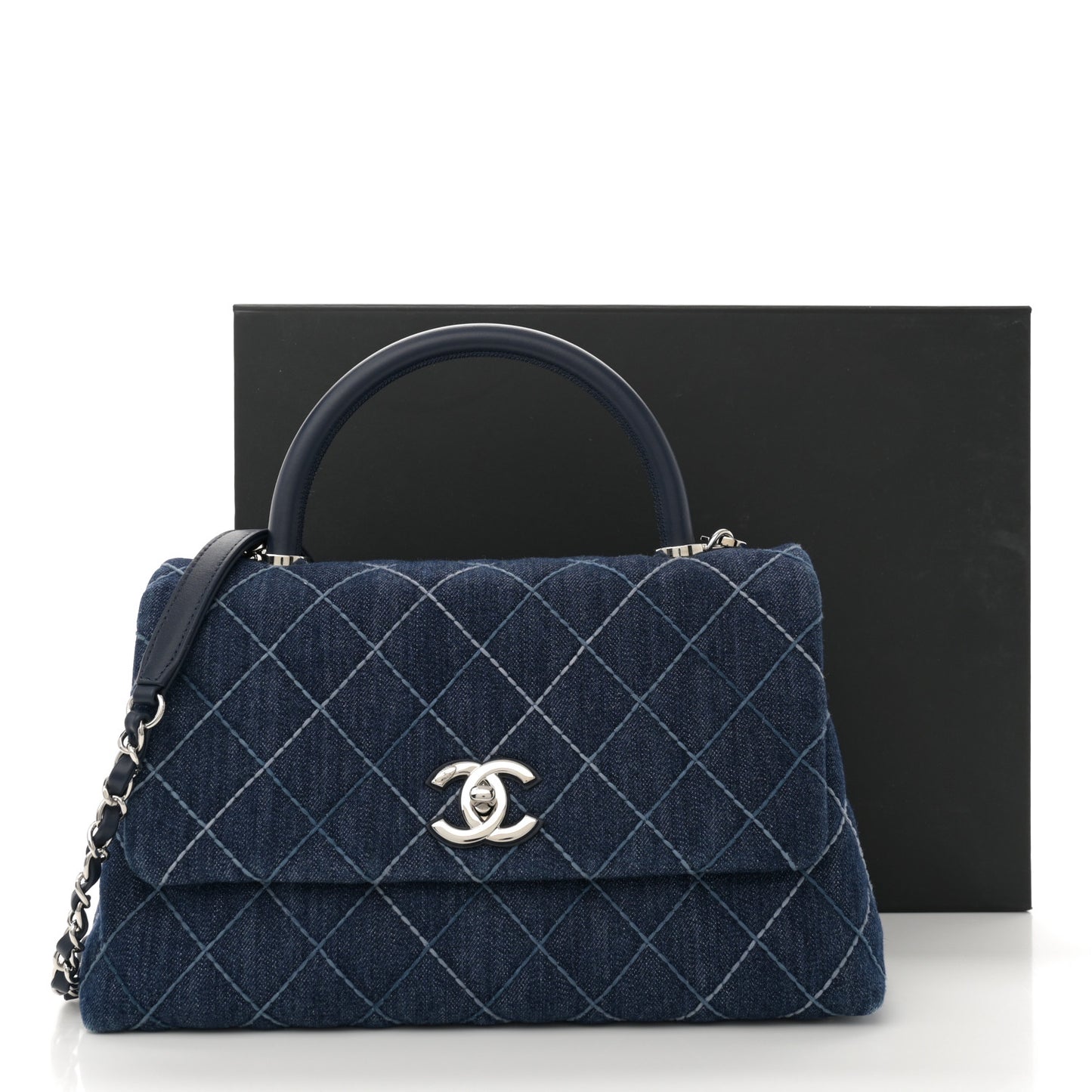 Denim Quilted Small Coco Handle Flap Blue