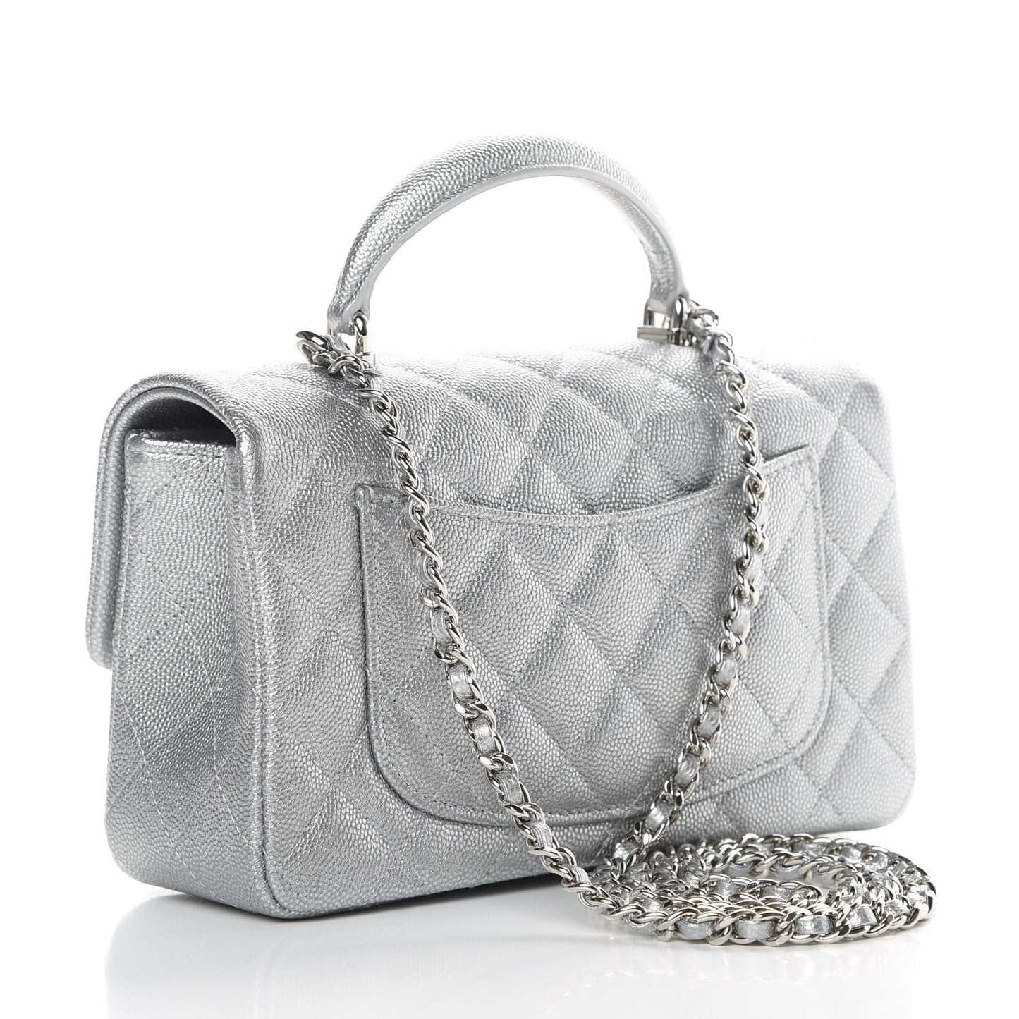 Metallic Caviar Quilted Mini Top Handle Rectangular Flap Silver