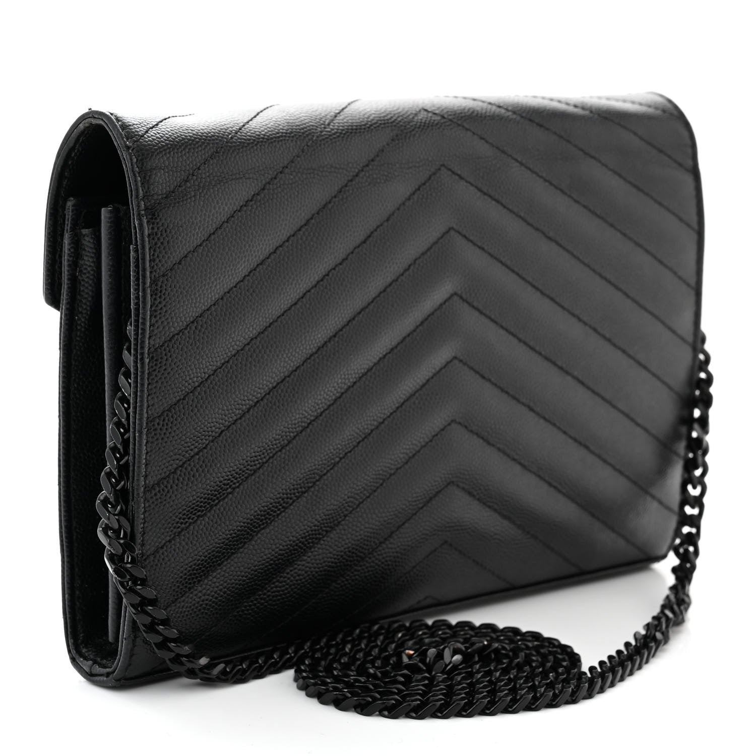 Saint Laurent Grain De Poudre Matelasse Chevron Monogram Monochrome Chain Wallet Black 3 of 12