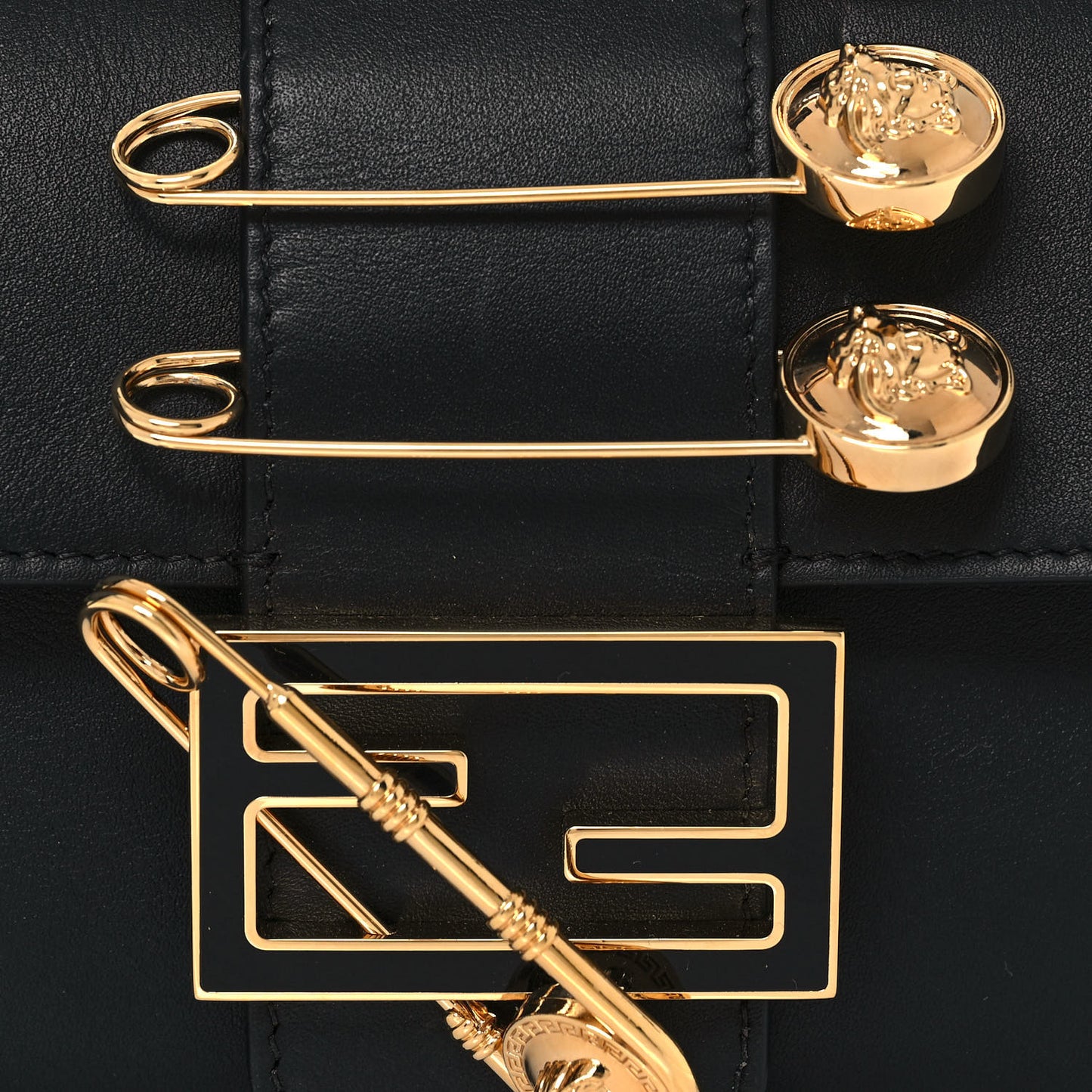 X VERSACE Vitello Seta Fendace Mini Brooch Baguette Black