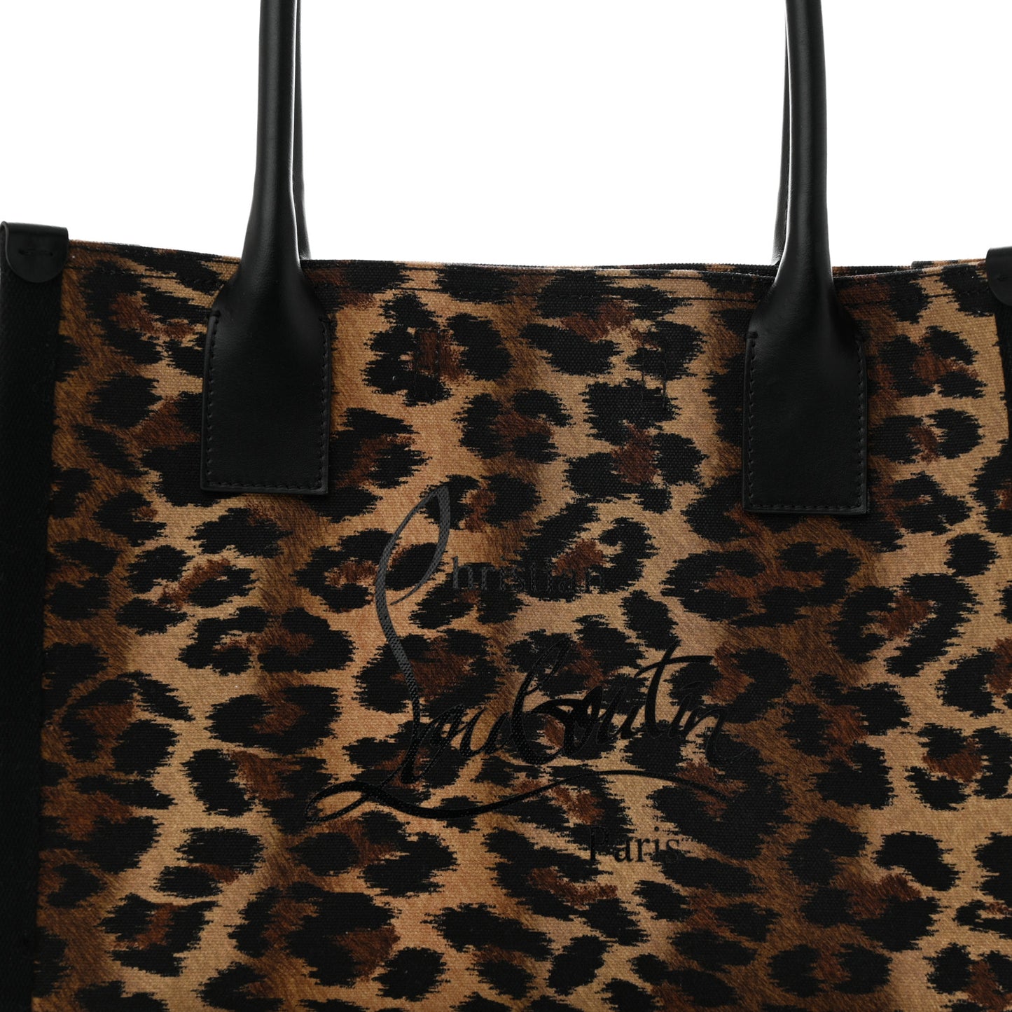Canvas Calfskin Kitty Print Small Nastroloubi Tote Brown Black