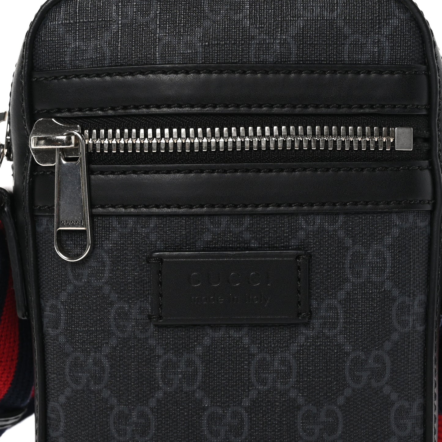 GG Supreme Monogram Appia Calfskin Web Small Camera Messenger Bag Black Grey