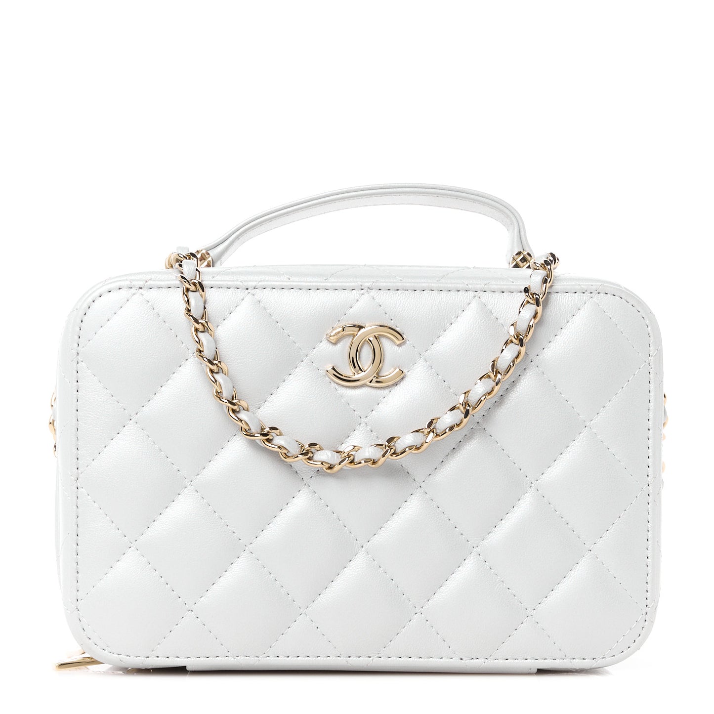 Metallic Lambskin Quilted Top Handle Vanity Case Silver