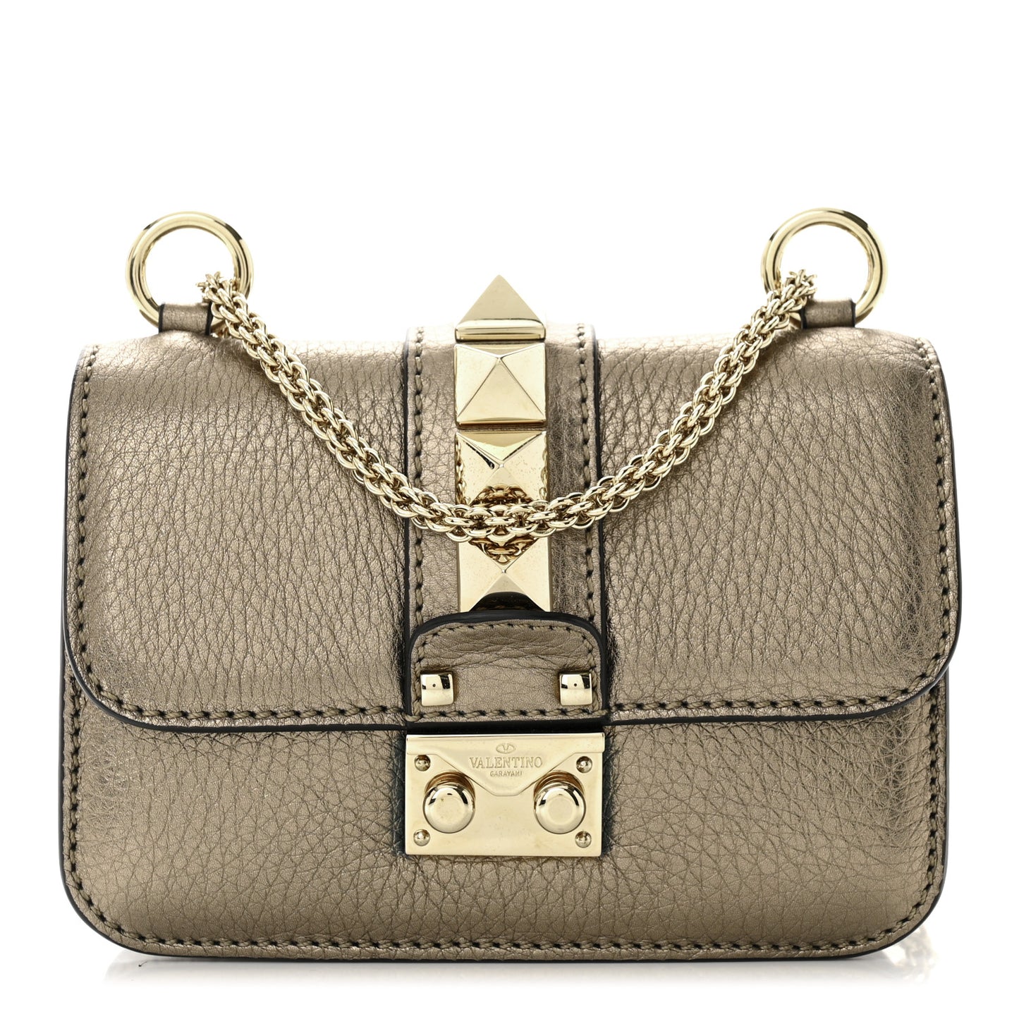 Metallic Pebbled Calfskin Mini Glam Lock Rockstud Flap Skin