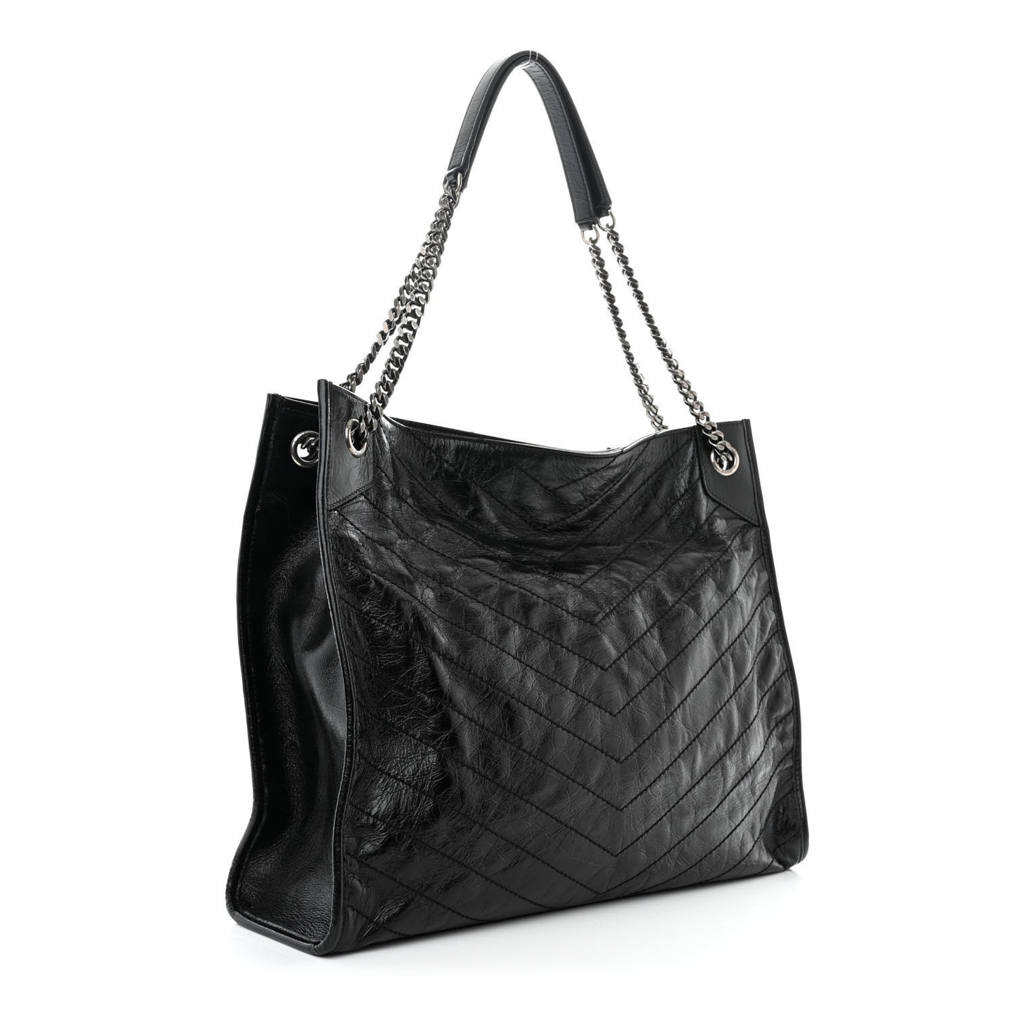 Crinkled Calfskin Matelasse Monogram Large Niki Shopper Tote Black