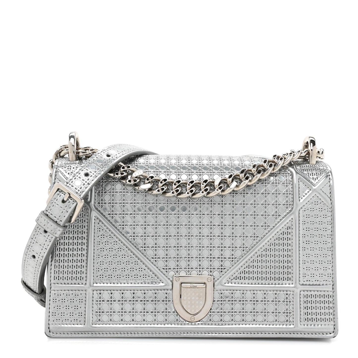 Metallic Patent Micro-Cannage Medium Diorama Flap Bag Silver