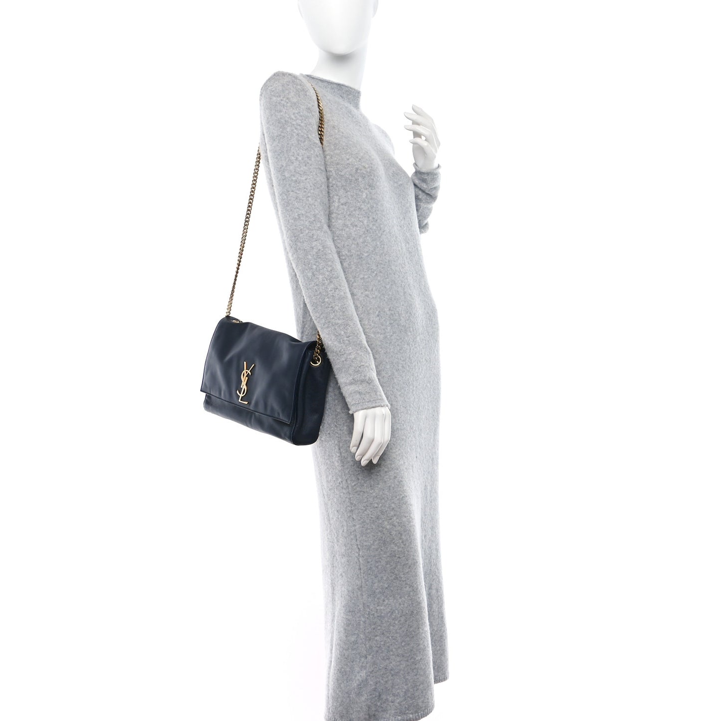 SAINT LAURENT Smooth Calfskin Suede Medium Reversible Monogram Kate Satchel Navy