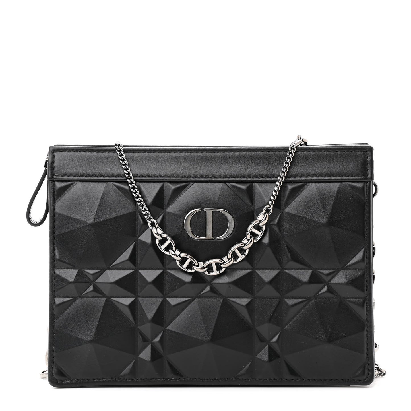 Calfskin Macrocannage Diamond Caro Zipped Pouch With Chain Black