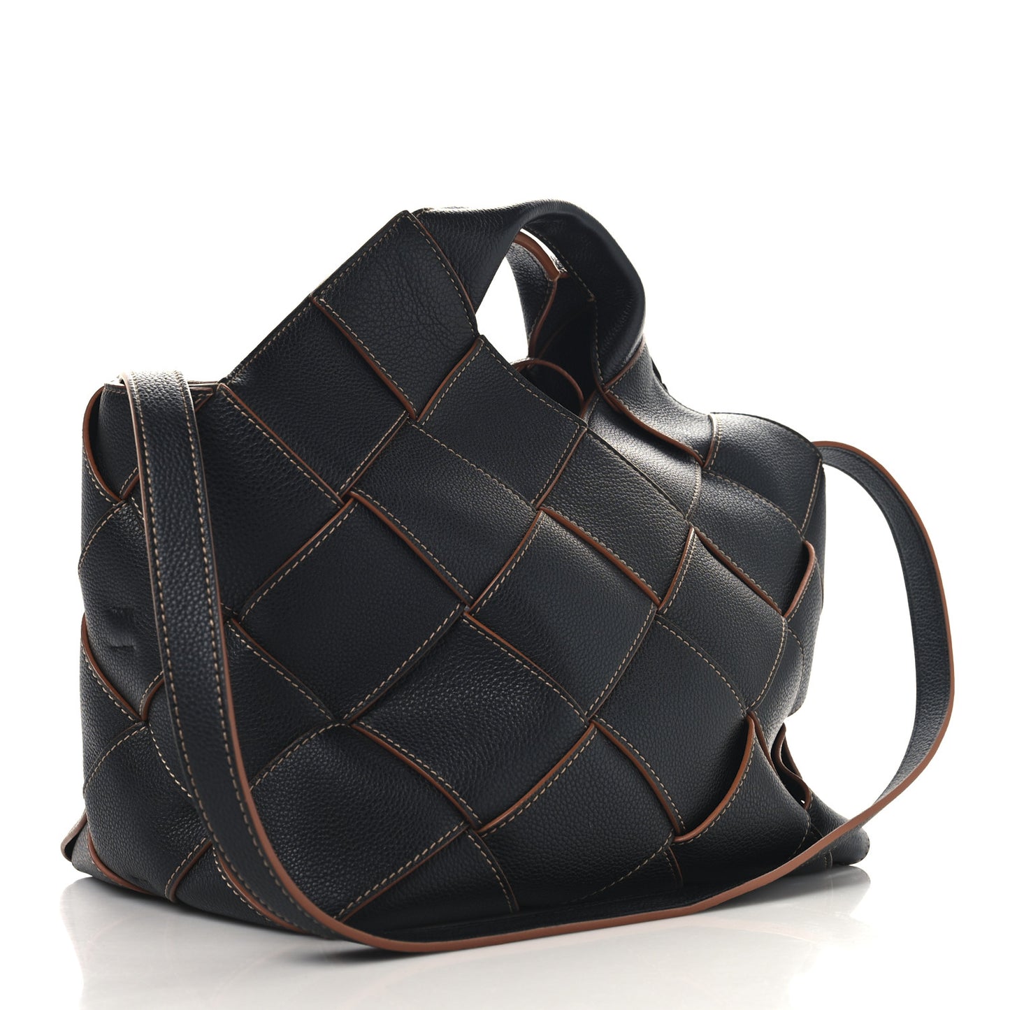 Soft Grained Calfskin Woven Basket Bag Black Tan