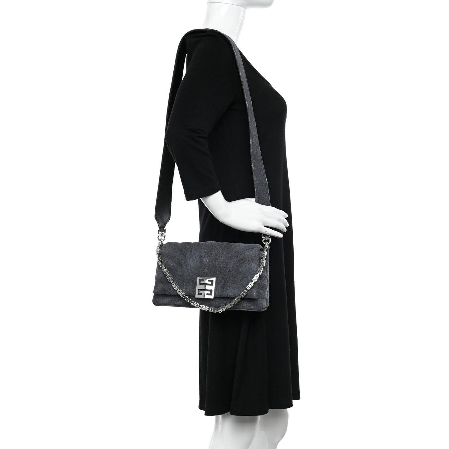 Distressed Denim Quilted Small 4G Shoulder Bag Black