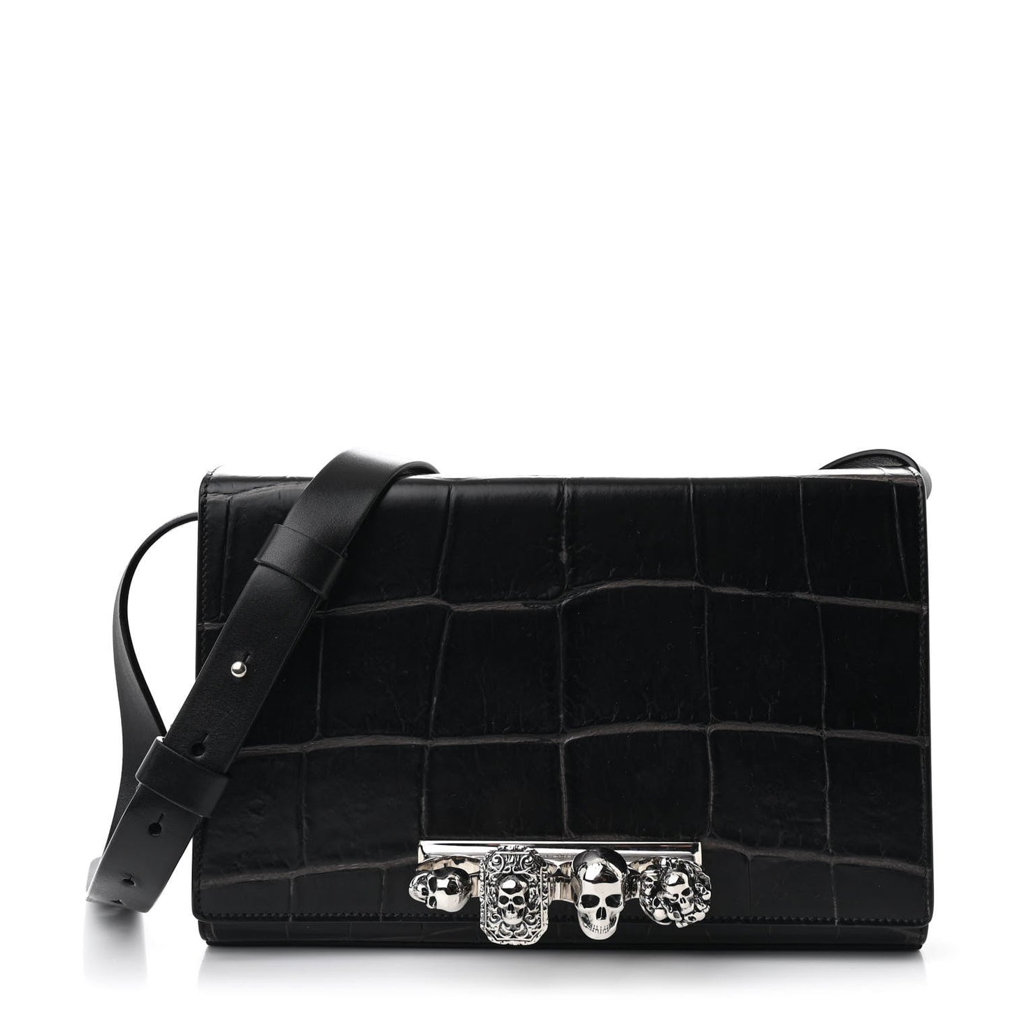 Crocodile Embossed Calfskin Four Ring Knuckle Crossbody Bag Black