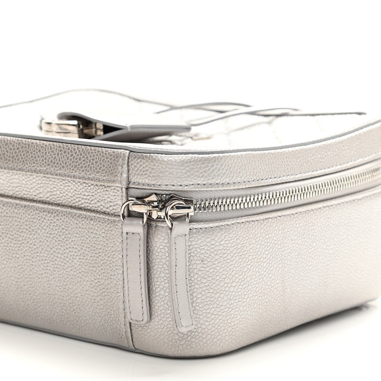 Metallic Caviar Quilted Large CC Filigree Vanity Case Silver