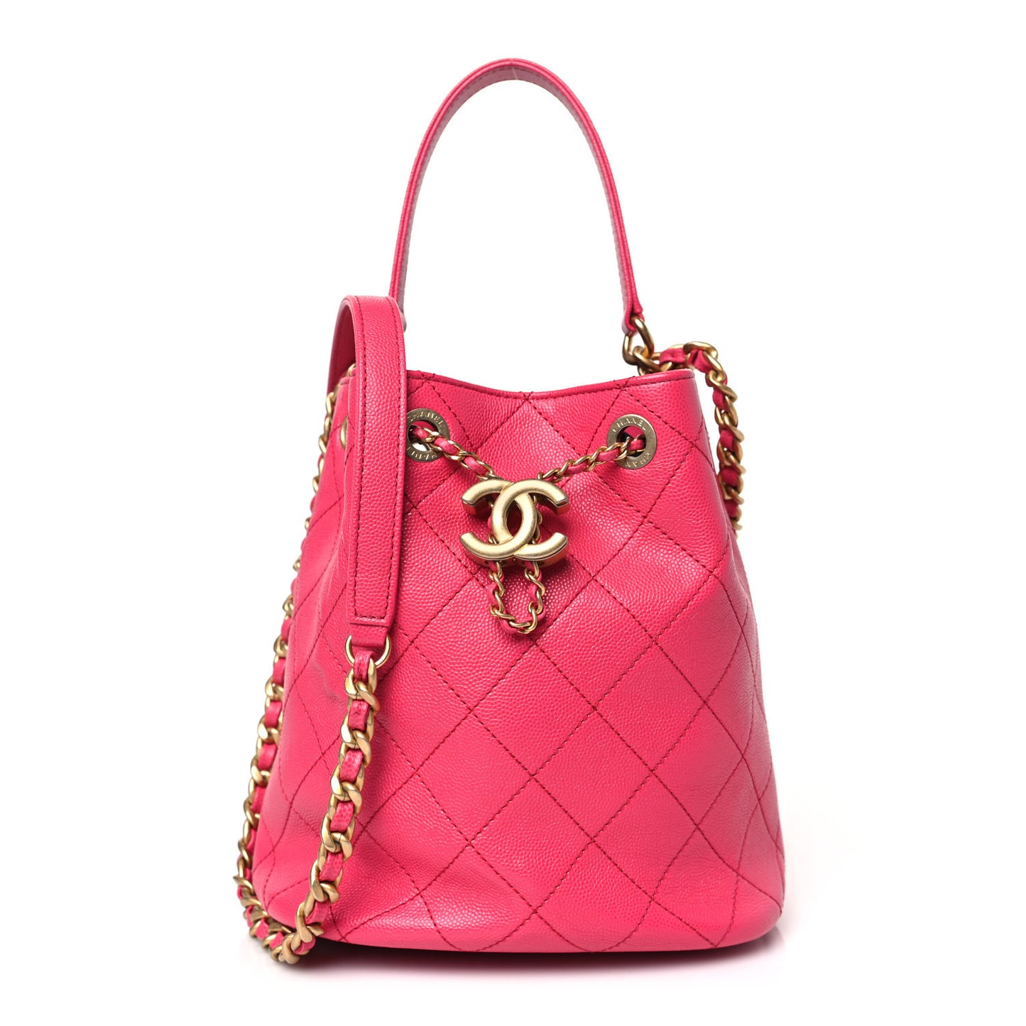 Caviar Quilted Fashion Therapy Bucket Drawstring Bag Dark Pink