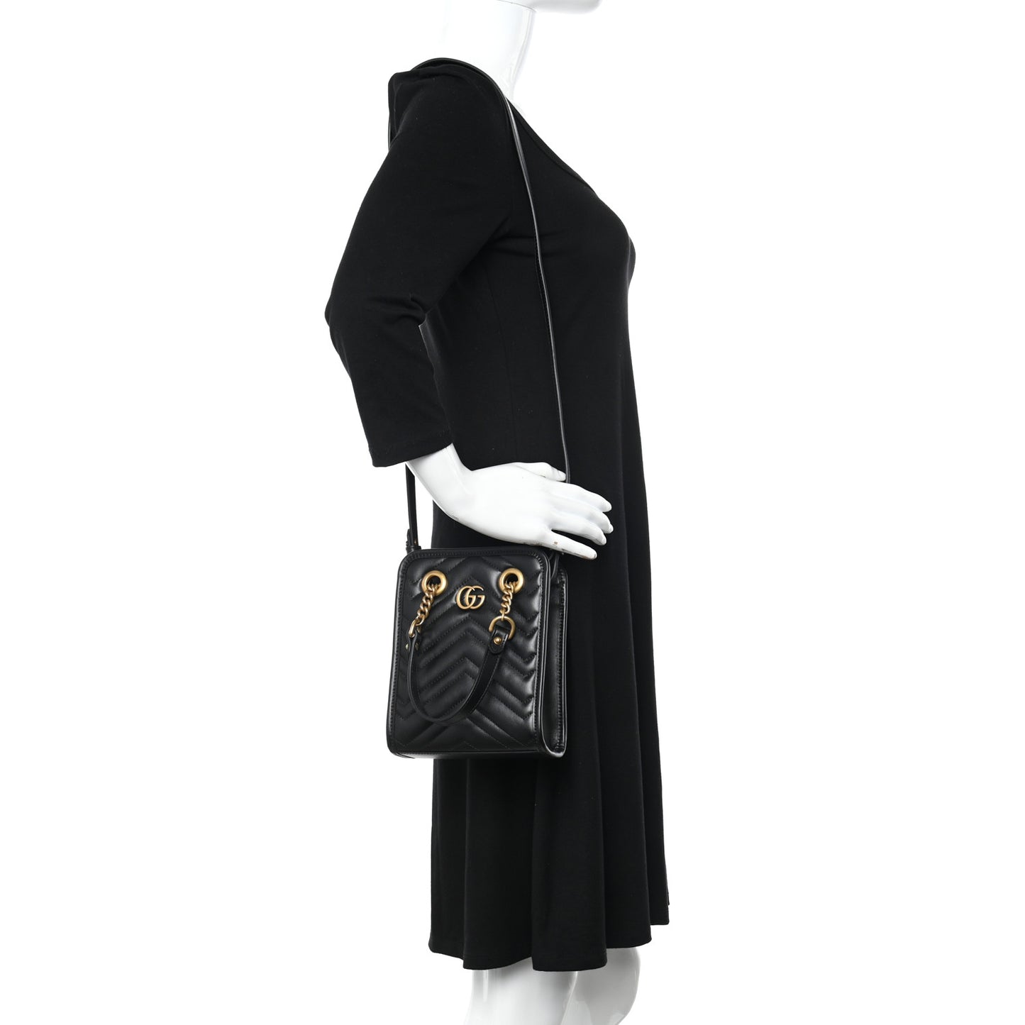 Calfskin Matelasse Chevron Mini GG Marmont Tote Black