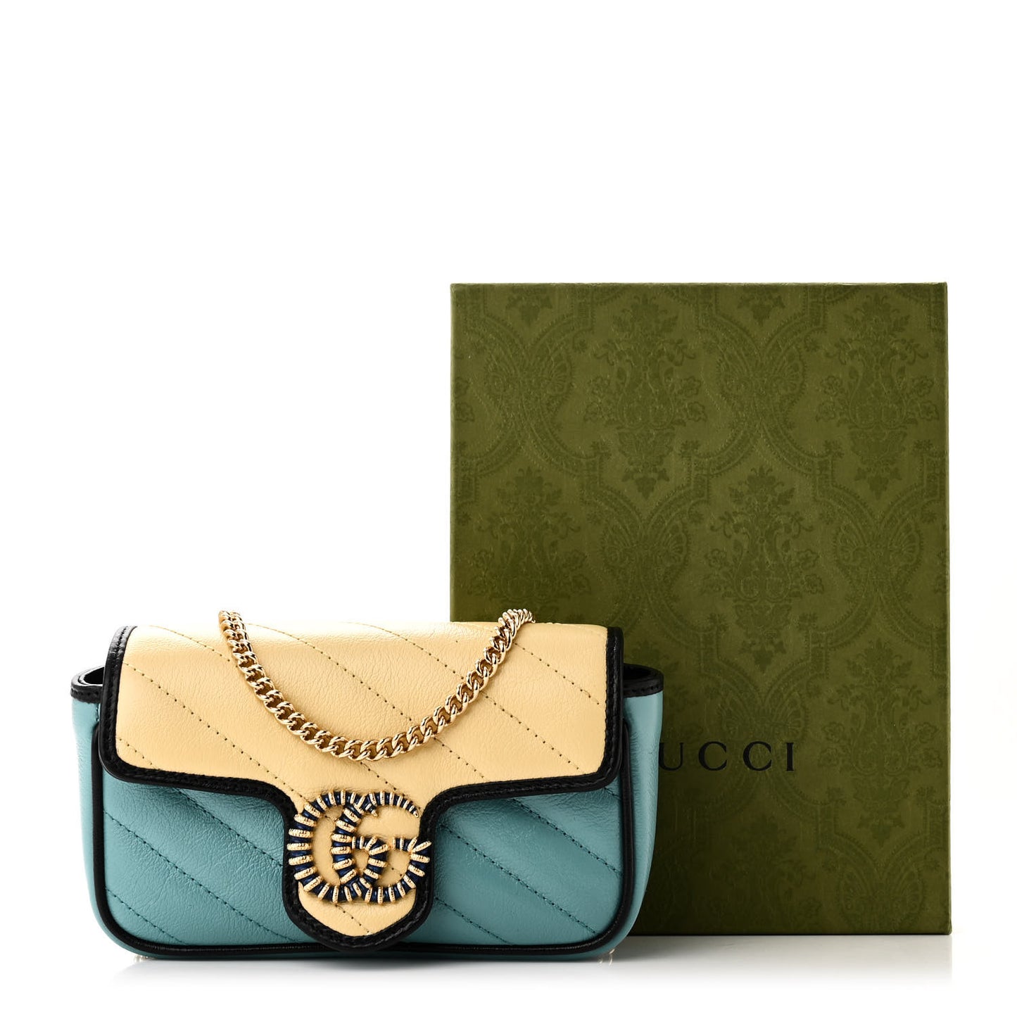 Azalea Calfskin Enamel Matelasse Diagonal Super Mini Torchon GG Marmont Shoulder Bag Butter Dusty Azure Black Electric Blue