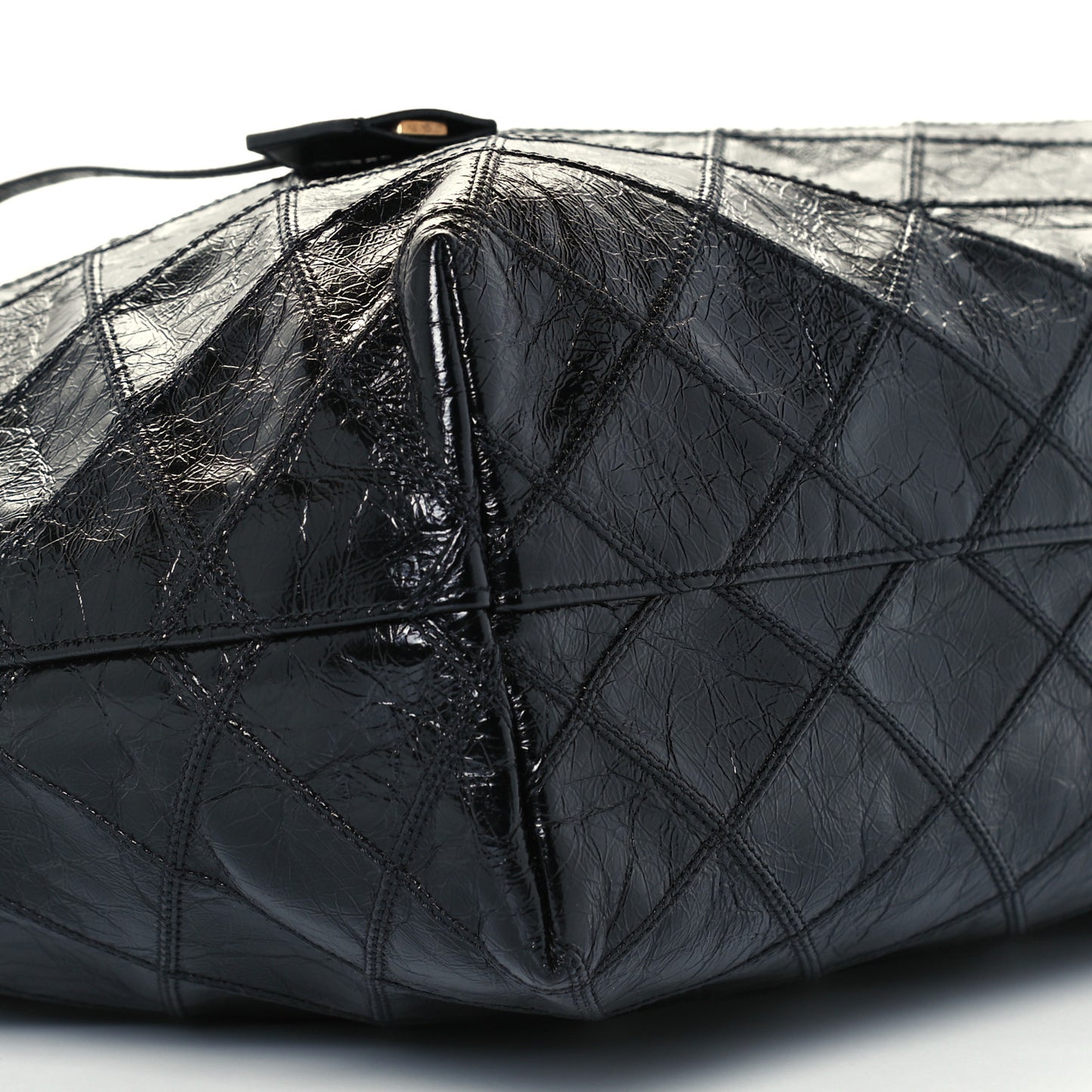 Crinkled Calfskin Quilted East West Shopping Tote Black