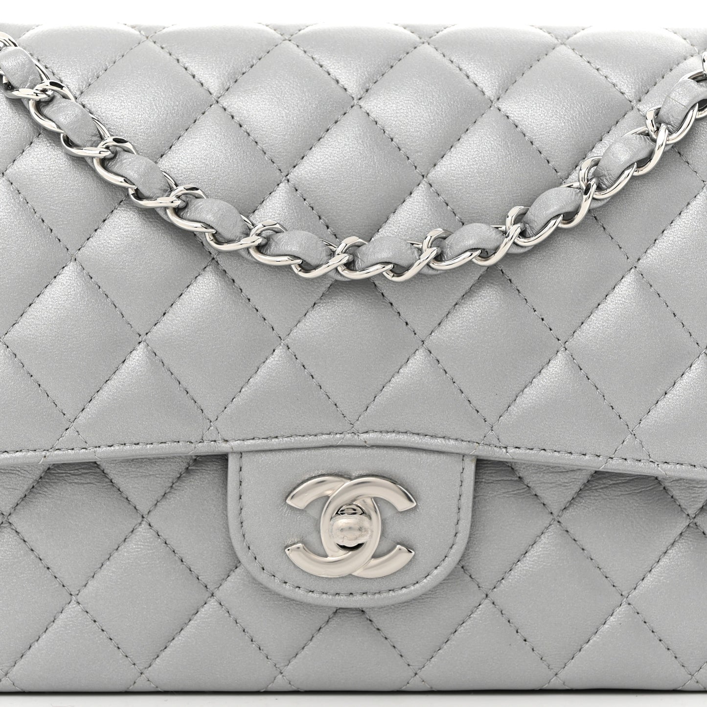 Iridescent Lambskin Quilted Medium Double Flap Grey