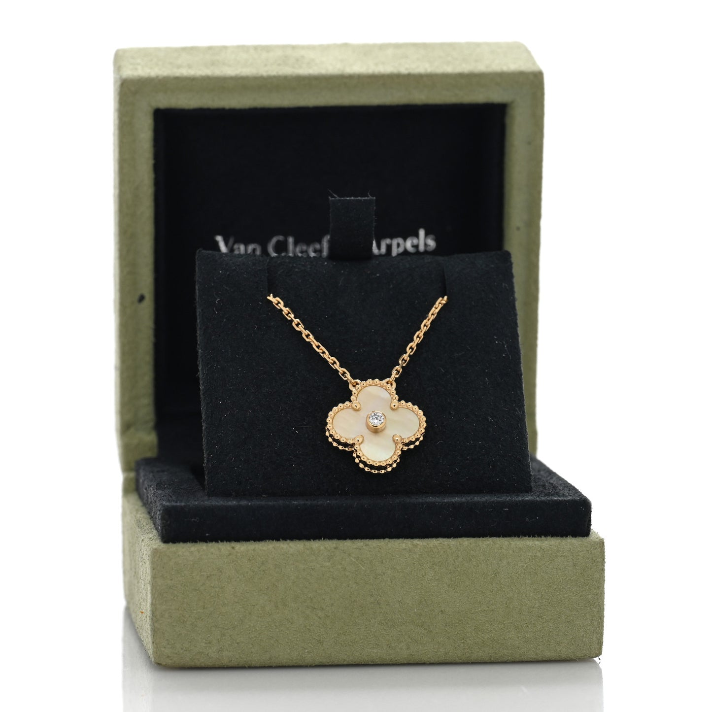 18K Yellow Gold Diamond Yellow Mother of Pearl Vintage Alhambra Pendant Necklace