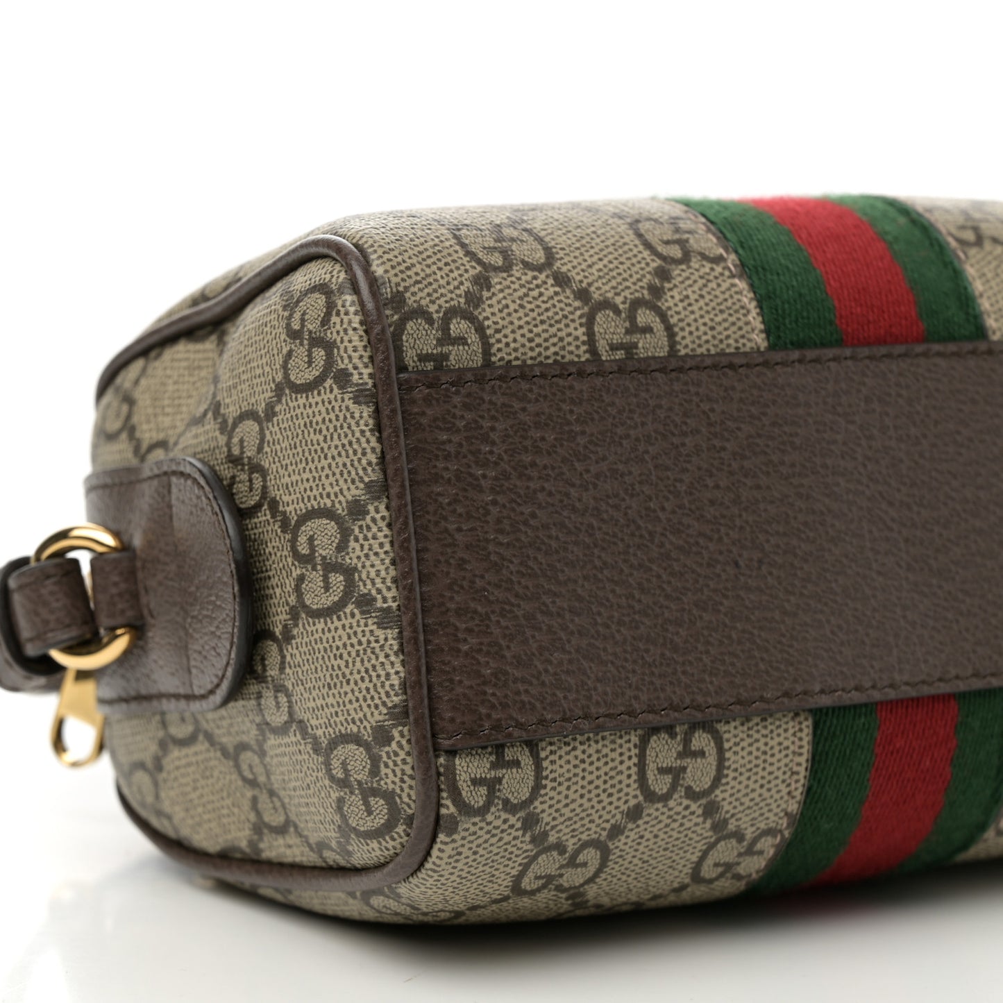 GG Supreme Monogram Textured Dollar Calfskin Web Super Mini Ophidia Top Handle Bowler Bag Beige Ebony New Acero