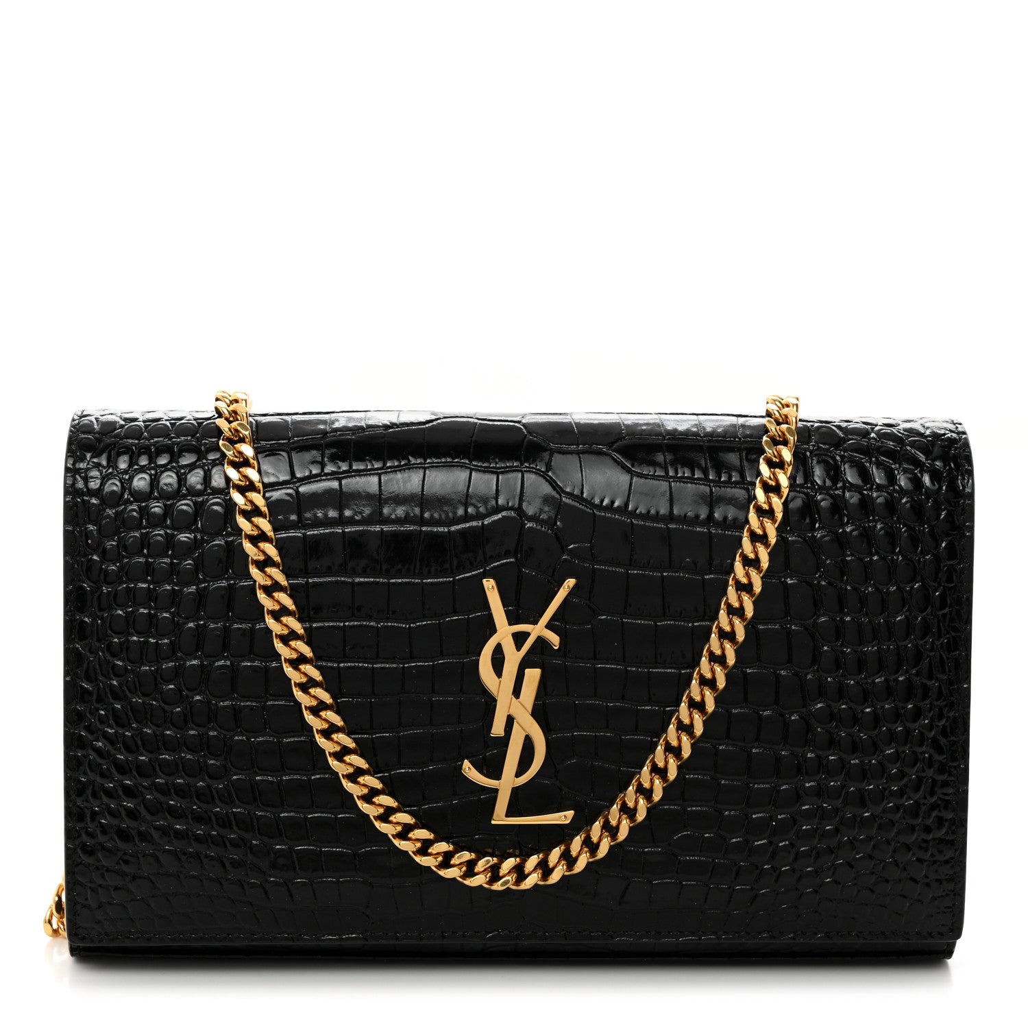 Saint Laurent Calfskin Crocodile Embossed Cassandre Wallet On Chain WOC Black 1 of 11